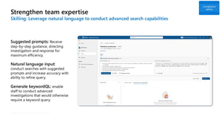 Strengthen team expertise
Skilling: Leverage natural language to conduct advanced search capabilities
Compliance
admin
Suggested prompts: Receive
step-by-step guidance, directing
investigation and response for
maximum efficiency.
Natural language input:
conduct searches with suggested
prompts and increase accuracy with
ability to refine query.
Generate keywordQL: enable
staff to conduct advanced
investigations that would otherwise
require a keyword query.
Classified as Microsoft Confidential
 