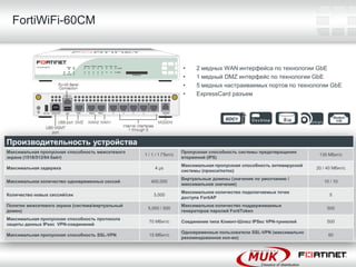 FortiWiFi-60CM


                                                                     •     2 медных WAN интерфейса по технологии GbE
                                                                     •     1 медный DMZ интерфейс по технологии GbE
                                                                     •     5 медных настраиваемых портов по технологии GbE
                                                                     •     ExpressCard разъем




Производительность устройства
Максимальная пропускная способность межсетевого                      Пропускная способность системы предотвращения
                                                  1 / 1 / 1 Гбит/c                                                       135 Мбит/c
экрана (1518/512/64 байт)                                            вторжений (IPS)
                                                                     Максимальная пропускная способность антивирусной
Максимальная задержка                                  4 µѕ                                                             20 / 40 Мбит/c
                                                                     системы (прокси/поток)
                                                                     Виртуальные домены (значение по умолчанию /
Максимальное количество одновременных сессий         400,000                                                               10 / 10
                                                                     максимальное значение)
                                                                     Максимальное количество подключаемых точек
Количество новых сессий/сек                           3,000                                                                   5
                                                                     доступа FortiAP
Политик межсетевого экрана (система/виртуальный                      Максимальное количество поддерживаемых
                                                   5,000 / 500                                                               500
домен)                                                               генераторов паролей FortiToken
Максимальная пропускная способность протокола
                                                    70 Мбит/c        Соединение типа Клиент-Шлюз IPSec VPN-туннелей          500
защиты данных IPsec VPN-соединений
                                                                     Одновременные пользователи SSL-VPN (максимально
Максимальная пропускная способность SSL-VPN         15 Мбит/c                                                                60
                                                                     рекомендованное кол-во)
 