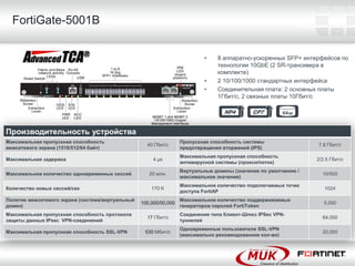 FortiGate-5001B


                                                                           •    8 аппаратно-ускоренных SFP+ интерфейсов по
                                                                                технологии 10GbE (2 SR-трансивера в
                                                                                комплекте)
                                                                           •    2 10/100/1000 стандартных интерфейса
                                                                           •    Соединительная плата: 2 основных платы
                                                                                1Гбит/c, 2 связных платы 10Гбит/c




Производительность устройства
Максимальная пропускная способность                                Пропускная способность системы
                                                    40 Гбит/c                                                    7.8 Гбит/c
межсетевого экрана (1518/512/64 байт)                              предотвращения вторжений (IPS)
                                                                   Максимальная пропускная способность
Максимальная задержка                                  4 μs                                                      2/2.5 Гбит/c
                                                                   антивирусной системы (прокси/поток)
                                                                   Виртуальные домены (значение по умолчанию /
Максимальное количество одновременных сессий         20 млн.                                                       10/500
                                                                   максимальное значение)
                                                                   Максимальное количество подключаемых точек
Количество новых сессий/сек                           170 K                                                         1024
                                                                   доступа FortiAP
Политик межсетевого экрана (система/виртуальный                    Максимальное количество поддерживаемых
                                                  100,000/50,000                                                    5,000
домен)                                                             генераторов паролей FortiToken
Максимальная пропускная способность протокола                      Соединение типа Клиент-Шлюз IPSec VPN-
                                                    17 Гбит/c                                                      64,000
защиты данных IPsec VPN-соединений                                 туннелей
                                                                   Одновременные пользователи SSL-VPN
Максимальная пропускная способность SSL-VPN        530 Мбит/c                                                      20,000
                                                                   (максимально рекомендованное кол-во)
 
