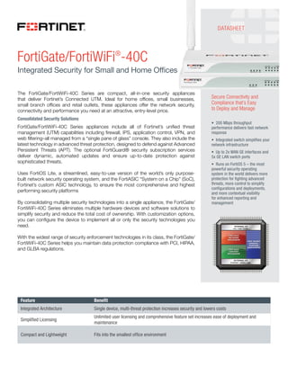 FortiGate/FortiWiFi®-40C 
Integrated Security for Small and Home Offices 
The FortiGate/FortiWiFi-40C Series are compact, all-in-one security appliances 
that deliver Fortinet’s Connected UTM. Ideal for home offices, small businesses, 
small branch offices and retail outlets, these appliances offer the network security, 
connectivity and performance you need at an attractive, entry-level price. 
Consolidated Security Solutions 
FortiGate/FortiWiFi-40C Series appliances include all of Fortinet’s unified threat 
management (UTM) capabilities including firewall, IPS, application control, VPN, and 
web filtering–all managed from a “single pane of glass” console. They also include the 
latest technology in advanced threat protection, designed to defend against Advanced 
Persistent Threats (APT). The optional FortiGuard® security subscription services 
deliver dynamic, automated updates and ensure up-to-date protection against 
sophisticated threats. 
Uses FortiOS Lite, a streamlined, easy-to-use version of the world’s only purpose-built 
network security operating system, and the FortiASIC “System on a Chip” (SoC), 
Fortinet’s custom ASIC technology, to ensure the most comprehensive and highest 
performing security platforms 
By consolidating multiple security technologies into a single appliance, the FortiGate/ 
FortiWiFi-40C Series eliminates multiple hardware devices and software solutions to 
simplify security and reduce the total cost of ownership. With customization options, 
you can configure the device to implement all or only the security technologies you 
need. 
With the widest range of security enforcement technologies in its class, the FortiGate/ 
FortiWiFi-40C Series helps you maintain data protection compliance with PCI, HIPAA, 
and GLBA regulations. 
Secure Connectivity and 
Compliance that’s Easy 
to Deploy and Manage 
t 200 Mbps throughput 
performance delivers fast network 
response 
t Integrated switch simplifies your 
network infrastructure 
t Up to 2x WAN GE interfaces and 
5x GE LAN switch ports 
t Runs on FortiOS 5 – the most 
powerful security operating 
system in the world delivers more 
protection for fighting advanced 
threats, more control to simplify 
configurations and deployments, 
and more contextual visibility 
for enhanced reporting and 
management 
INTERNAL I/O 
PCIe / RAM / FLASH 
FORTIASIC 
NETWORK 
PROCESSOR 
FORTIASIC 
CONTENT 
PROCESSOR 
EXTERNAL I/O 
RISC-BASED 
GENERAL 
PURPOSE 
PROCESSOR 
ETHERNET / SERIAL / USB 
Feature Benefit 
Integrated Architecture Single device, multi-threat protection increases security and lowers costs 
Simplified Licensing Unlimited user licensing and comprehensive feature set increases ease of deployment and 
maintenance 
Compact and Lightweight Fits into the smallest office environment 
DATASHEET 
Компания ИНТРО 
Fortinet Bronze Partner 
+7 (495) 755-0567 
http://introcomp.ru 
http://store.introcomp.ru 
info@introcomp.ru 
 