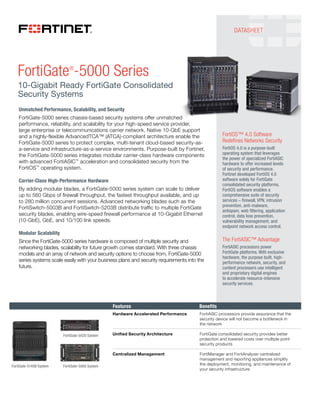 DATASHEET




   FortiGate -5000 Series    ®


   10-Gigabit Ready FortiGate Consolidated
   Security Systems
    Unmatched Performance, Scalability, and Security
    FortiGate-5000 series chassis-based security systems offer unmatched
    performance, reliability, and scalability for your high-speed service provider,
    large enterprise or telecommunications carrier network. Native 10-GbE support
    and a highly-flexible AdvancedTCA™ (ATCA)-compliant architecture enable the                     FortiOS™ 4.0 Software
    FortiGate-5000 series to protect complex, multi-tenant cloud-based security-as-                 Redefines Networks Security
    a-service and infrastructure-as-a-service environments. Purpose-built by Fortinet,              FortiOS 4.0 is a purpose-built
    the FortiGate-5000 series integrates modular carrier-class hardware components                  operating system that leverages
                                                                                                    the power of specialized FortiASIC
    with advanced FortiASIC™ acceleration and consolidated security from the                        hardware to offer increased levels
    FortiOS™ operating system.                                                                      of security and performance.
                                                                                                    Fortinet developed FortiOS 4.0
    Carrier-Class High-Performance Hardware                                                         software solely for FortiGate
                                                                                                    consolidated security platforms.
    By adding modular blades, a FortiGate-5000 series system can scale to deliver                   FortiOS software enables a
    up to 560 Gbps of firewall throughput, the fastest throughput available, and up                 comprehensive suite of security
    to 280 million concurrent sessions. Advanced networking blades such as the                      services – firewall, VPN, intrusion
    FortiSwitch-5003B and FortiSwitch-5203B distribute traffic to multiple FortiGate                prevention, anti-malware,
                                                                                                    antispam, web filtering, application
    security blades, enabling wire-speed firewall performance at 10-Gigabit Ethernet                control, data loss prevention,
    (10-GbE), GbE, and 10/100 link speeds.                                                          vulnerability management, and
                                                                                                    endpoint network access control.
    Modular Scalability
    Since the FortiGate-5000 series hardware is composed of multiple security and                   The FortiASIC™ Advantage
    networking blades, scalability for future growth comes standard. With three chassis             FortiASIC processors power
    models and an array of network and security options to choose from, FortiGate-5000              FortiGate platforms. With exclusive
                                                                                                    hardware, the purpose built, high-
    series systems scale easily with your business plans and security requirements into the         performance network, security, and
    future.                                                                                         content processors use intelligent
                                                                                                    and proprietary digital engines
                                                                                                    to accelerate resource-intensive
                                                                                                    security services.



                                                  Features			                	          Benefits
                                                  Hardware Accelerated Performance      FortiASIC processors provide assurance that the
                                                                                        security device will not become a bottleneck in
                                                                                        the network

                          FortiGate-5020 System   Unified Security Architecture         FortiGate consolidated security provides better
                                                                                        protection and lowered costs over multiple point
                                                                                        security products

                                                  Centralized Management                FortiManager and FortiAnalyzer centralized
                                                                                        management and reporting appliances simplify
FortiGate-5140B System    FortiGate-5060 System                                         the deployment, monitoring, and maintenance of
                                                                                        your security infrastructure
 