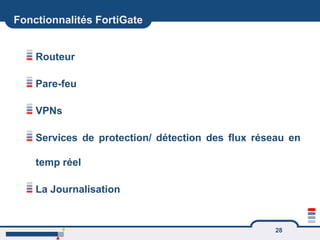 28
Fonctionnalités FortiGate
Routeur
Pare-feu
VPNs
Services de protection/ détection des flux réseau en
temp réel
La Journalisation
 