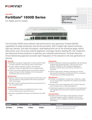 1
FortiGate®
1500D Series
FG-1500D and FG-1500DT
The FortiGate 1500D series delivers high performance next generation firewall (NGFW)
capabilities for large enterprises and service providers. With multiple high-speed interfaces,
high-port density, and high-throughput, ideal deployments are at the enterprise edge, hybrid
data center core, and across internal segments. Leverage industry-leading IPS, SSL inspection,
and advanced threat protection to optimize your network’s performance. Fortinet’s Security-
Driven Networking approach provides tight integration of the network to the new generation of
security.
Firewall IPS NGFW Threat Protection Interfaces
80 Gbps 13 Gbps 7 Gbps 5 Gbps
Multiple GE RJ45, GE SFP, and 10 GE SFP+ /
GE SFP slots | Variant with 10 GE RJ45
Security
	
n Identifies thousands of applications inside network traffic
for deep inspection and granular policy enforcement
	
n Protects against malware, exploits, and malicious
websites in both encrypted and non-encrypted traffic
	
n Prevent and detect against known and unknown attacks
using continuous threat intelligence from AI-powered
FortiGuard Labs security services
Performance
	
n Delivers industry’s best threat protection performance and
ultra-low latency using purpose-built security processor
(SPU) technology
	
n Provides industry-leading performance and protection for
SSL encrypted traffic
Certification
	
n Independently tested and validated for best-in-class
security effectiveness and performance
	
n Received unparalleled third-party certifications from NSS
Labs
Networking
	
n Delivers advanced networking capabilities that seamlessly
integrate with advanced layer 7 security and virtual
domains (VDOMs) to offer extensive deployment
flexibility, multi-tenancy and effective utilization of
resources
	
n Delivers high-density, flexible combination of various
high-speed interfaces to enable best TCO for customers
for data center and WAN deployments
Management
	
n Includes a management console that is effective, simple
to use, and provides comprehensive network automation
and visibility
	
n Provides Zero Touch Integration with Fortinet’s Security
Fabric’s Single Pane of Glass Management
	
n Predefined compliance checklist analyzes the deployment
and highlights best practices to improve overall security
posture
Security Fabric
	
n Enables Fortinet and Fabric-ready partners’ products
to provide broader visibility, integrated end-to-end
detection, threat intelligence sharing, and automated
remediation
Next Generation Firewall
Segmentation
Secure Web Gateway
IPS
Mobile Security
DATA SHEET
 