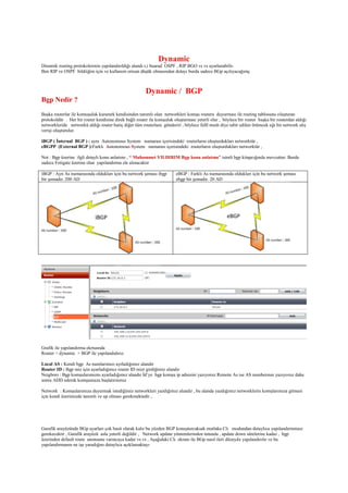 Dynamic
Dinamik routing protokoleirnin yapılandırıldığı alandı r,i buarad OSPF , RIP BGO vs vs ayarlanabilir.
Ben RIP ve OSPF bildiiğim için ve kullanım ornıan düşük olmasından dolayı burda sadece BGp açılıyacağımç
Dynamic / BGP
Bgp Nedir ?
Başka routerlar ile komuşuluk kurarark kendisinden tanımlı olan networkleri komşu routera duyurması ile routing tablosunu oluşturan
protokoldür . Her bir router kendisine direk bağlı router ile komşuluk oluşturması yeterli olur , böylece bir router başka bir routerdan aldığı
networkleride networkü aldığı router hariç diğer tüm routerlara gönderiri , böylece fulll mesh diye tabir edilen örümcek ağı bir network alış
verişi oluşturulur.
iBGP ( İnternal BGP ) : aynı Autonomous System numarası içerisindeki routerların oluşturdukları networktür ,
eBGPP (External BGP ):Farklı Autonomous System numarası içerisindeki routerların oluşturdukları networktür ,
Not : Bgp üzerine ilgli detaylı konu anlatımı , “ Muhammet YILDIRIM Bgp konu anlatımı” isimli bgp kitapcığında mevcuttur. Burda
sadece Fotigate üzerine olan yapılandırma ele alınacaktır
iBGP : Ayn As numarasında oldukları için bu network şeması ibgp
bir şemadır. 200 AD
eBGP : Farklı As numarasında oldukları için bu network şeması
ebgp bir şemadır. 20 AD
Grafik ile yapılandırma ekrnaında
Router > dynamic > BGP ile yapılandıdırız.
Local AS : Kendi bgp As numlarımızı ayrladığımız alandır
Router ID : Bgp miz için ayarladığımız router ID mizi girdiğimiz alandır
Neigbors : Bgp komşularımıznı ayarladığımız alandır İd’ye bgp komşu ip adresini yazıyoruz Remote As ise AS numberının yazıyoruz daha
sonra ADD ederek komşumuzu başlatırıtoruz
Network : Komşularımıza duyurmak istediğimiz networkleri yazdığımız alandır , bu alanda yazdığımız networklerin komşlarımıza gitmesi
için kendi üzerimizde tanımlı ve up olması gerekmektedir ,
Garafik arayüzünde BGp ayarları çok basit olarak kalır bu yüzden BGP konuşturcaksak mutlaka Clı modundan detaylıca yapılandırmmaız
gerekecektir , Garafik arayüzü asla yeterli değildir , Network update yöntemlerinden tutunda , update down sürelerine kadar , bgp
üzerinden default route anonsune varıncaya kadar vs vs , Aşağıdaki Clı ekranı ile BGp nasıl ileri düzeyde yapılandırılır ve bu
yapılandırmanın ne işe yaradığını detaylıca açıklamaktayı
 
