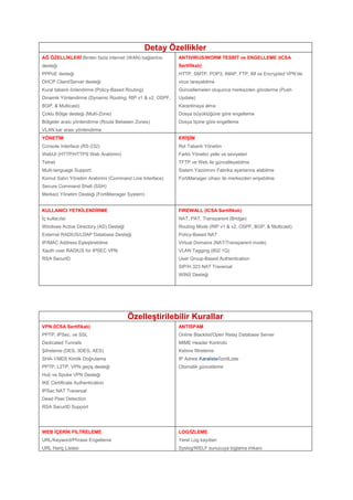 Detay Özellikler
AĞ ÖZELLİKLERİ Birden fazla internet (WAN) bağlantısı
desteği
PPPoE desteği
DHCP Client/Server desteği
Kural tabanlı önlendirme (Policy-Based Routing)
Dinamik Yönlendirme (Dynamic Routing; RIP v1 & v2, OSPF,
BGP, & Multicast)
Çoklu Bölge desteği (Multi-Zone)
Bölgeler arası yönlendirme (Route Between Zones)
VLAN kar arası yönlendirme
ANTIVIRUS/WORM TESBİT ve ENGELLEME (ICSA
Sertifikalı)
HTTP, SMTP, POP3, IMAP, FTP, IM ve Encrypted VPN’de
virus tarayabilme
Güncellemeleri oluşunca merkezden gönderme (Push
Update)
Karantinaya alma
Dosya büyüklüğüne göre engelleme
Dosya tipine göre engelleme
YÖNETİM
Console Interface (RS-232)
WebUI (HTTP/HTTPS Web Arabirimi)
Telnet
Multi-language Support
Komut Satırı Yönetim Arabirimi (Command Line Interface)
Secure Command Shell (SSH)
Merkezi Yönetim Desteği (FortiManager System)
ERİŞİM
Rol Tabanlı Yönetim
Farklı Yönetici yetki ve seviyeleri
TFTP ve Web ile güncelleyebilme
Sistem Yazılımını Fabrika ayarlarına alabilme
FortiManager cihazı ile merkezden erişebilme
KULLANICI YETKİLENDİRME
İç kullacılar
Windows Active Directory (AD) Desteği
External RADIUS/LDAP Database Desteği
IP/MAC Address Eşleştirebilme
Xauth over RADIUS for IPSEC VPN
RSA SecurID
FIREWALL (ICSA Sertifikalı)
NAT, PAT, Transparent (Bridge)
Routing Mode (RIP v1 & v2, OSPF, BGP, & Multicast)
Policy-Based NAT
Virtual Domains (NAT/Transparent mode)
VLAN Tagging (802.1Q)
User Group-Based Authentication
SIP/H.323 NAT Traversal
WINS Desteği
Özelleştirilebilir Kurallar
VPN (ICSA Sertifikalı)
PPTP, IPSec, ve SSL
Dedicated Tunnels
Şifreleme (DES, 3DES, AES)
SHA-1/MD5 Kimlik Doğrulama
PPTP, L2TP, VPN geçiş desteği
Hub ve Spoke VPN Desteği
IKE Certificate Authentication
IPSec NAT Traversal
Dead Peer Detection
RSA SecurID Support
ANTISPAM
Online Blacklist/Open Relay Database Server
MIME Header Kontrolü
Kelime filtreleme
IP Adresi Karaliste/İzinliListe
Otomatik güncelleme
WEB İÇERİK FILTRELEME
URL/Keyword/Phrase Engelleme
URL Hariç Listesi
LOG/İZLEME
Yerel Log kayıtları
Syslog/WELF sunucuya loglama imkanı
 