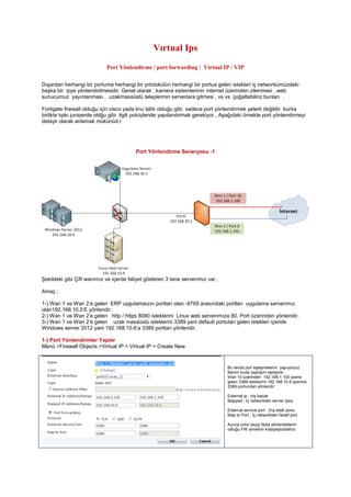 Vırtual Ips
Port Yönlendirme / port forwarding / Virtual IP / VIP
Dışardan herhangi bir portuma herhangi bir prtotokülün herhangi bir portua gelen istekleri iç networkümüzdeki
başka bir ipye yönlendirilmesidir. Genel olarak , kamera sistemlerinin internet üzerinden zilenmesi , web
sunucumuz yayınlanması , uzakmasaüstü teleplerinin serverlara gitmesi , vs vs çoğaltabiliriz bunları .
Fortigate firewall olduğu için cisco yada linu tablı olduğu gibi sadece port yönlendirmek yeterli değildir bunla
birlikte tıpkı juniperde oldğu gibi ilgili polciyleride yapılandırmak gerekiyor , Aşağıdaki örnekte port yönlendirmeyi
detaylı olarak anlamak mükünüd.r
Port Yönlendirme Seneryosu -1
Şekildeki gibi Çift wanımız ve içerde faliyet gösteren 3 tane serverımız var ,
Amaç ;
1-) Wan 1 ve Wan 2’e gelen ERP uygulamaızın portları olan -8765 arasındaki portları uygulama serverımız
olan192.168.10.5’E yönlendir.
2-) Wan 1 ve Wan 2’e gelen http / https 8080 isteklerini Linux web serverımıza 80. Port üzerinden yönlendir.
3-) Wan 1 ve Wan 2’e gelen uzak masaüstü isteklerini 3389 yani default portutan gelen istekleri içeride
Windows server 2012 yani 192.168.10.6’a 3389 porttan yönlendir.
1-) Port Yönlendirmler Yapılır
Menü >Firewall Objects >Virtual IP > Virtual IP > Create New
Bu alnda port eşleşmelerini yapıyoryuz .
Benim buda yaptığım eşleşme ;
Wan 10 üzerinden 192.168.1.100 ipsine
gelen 3389 isteklerini 192.168.10.6 ipsinine
3389 portundan yönlendir.
External ip : dış bacak
Mapped : İç networkteki server ipsiz
External service port : Dış istek portu
Map to Port : İç networkteki hedef port
Ayrıca color seçip fazla yönlendielerin
odluğu FW yönetimi kolaylaştırbailiriz.
 