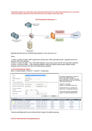 Yukarıdaki yapıdan sonra eğer bizim master hattımızda herhangi bir sorn olursa ikinci hattımız devreye girecektir
,Aktif Pasif çalışma yapısıdr bu ilerde Aktif aktif olarak nasıl yapılur onuda işleyeceğim.
Port Yönlendirme Seneryosu -1
Şekildeki gibi Çift wanımız ve içerde faliyet gösteren 3 tane serverımız var ,
Amaç ;
1-) Wan 1 ve Wan 2’e gelen ERP uygulamaızın portları olan -8765 arasındaki portları uygulama serverımız
olan192.168.10.5’E yönlendir.
2-) Wan 1 ve Wan 2’e gelen http / https 8080 isteklerini Linux web serverımıza 80. Port üzerinden yönlendir.
3-) Wan 1 ve Wan 2’e gelen uzak masaüstü isteklerini 3389 yani default portutan gelen istekleri içeride
Windows server 2012 yani 192.168.10.6’a 3389 porttan yönlendir.
1-) Port Yönlendirmler Yapılır
Menü >Firewall Objects >Virtual IP > Virtual IP > Create New
Bu alnda port eşleşmelerini yapıyoryuz .
Benim buda yaptığım eşleşme ;
Wan 10 üzerinden 192.168.1.100 ipsine
gelen 3389 isteklerini 192.168.10.6 ipsinine
3389 portundan yönlendir.
External ip : dış bacak
Mapped : İç networkteki server ipsiz
External service port : Dış istek portu
Map to Port : İç networkteki hedef port
Ayrıca color seçip fazla yönlendielerin
odluğu FW yönetimi kolaylaştırbailiriz.
Yukarıda görüldüğü gibi tüm port yönlendirmlerini başarılı bir şekilde yapmışış ,
2-) Port Yönlendirmlerini Grouplandırıyoruz
 