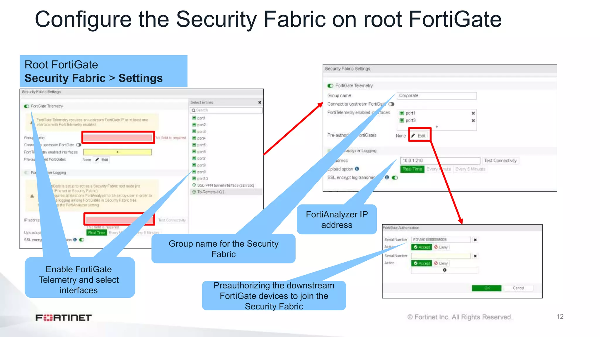 12
Configure the Security Fabric on root FortiGate
Root FortiGate
Security Fabric > Settings
Group name for the Security
Fabric
FortiAnalyzer IP
address
Preauthorizing the downstream
FortiGate devices to join the
Security Fabric
Enable FortiGate
Telemetry and select
interfaces
 