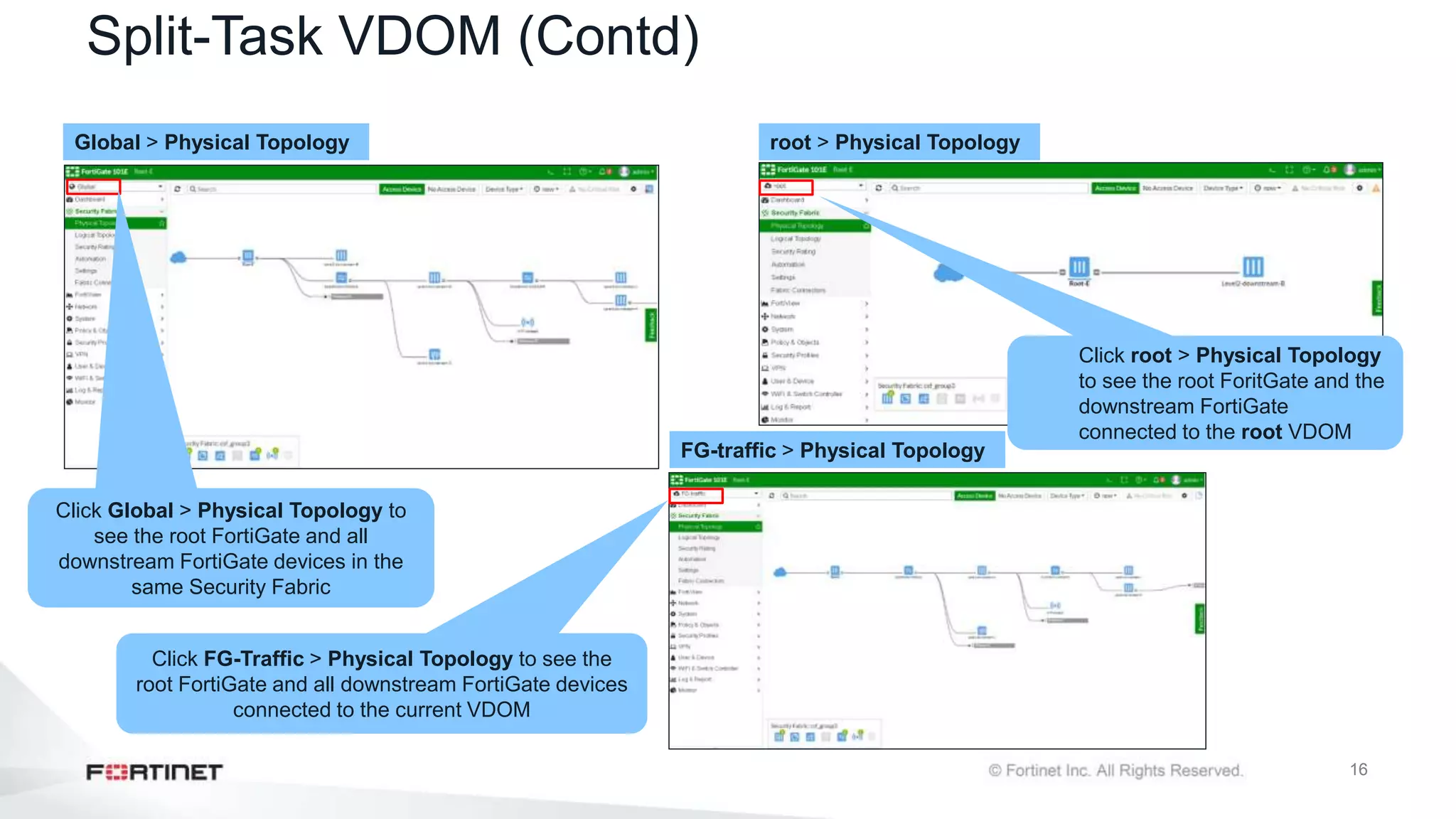 16
Split-Task VDOM (Contd)
Global > Physical Topology root > Physical Topology
Click Global > Physical Topology to
see the root FortiGate and all
downstream FortiGate devices in the
same Security Fabric
Click root > Physical Topology
to see the root ForitGate and the
downstream FortiGate
connected to the root VDOM
FG-traffic > Physical Topology
Click FG-Traffic > Physical Topology to see the
root FortiGate and all downstream FortiGate devices
connected to the current VDOM
 