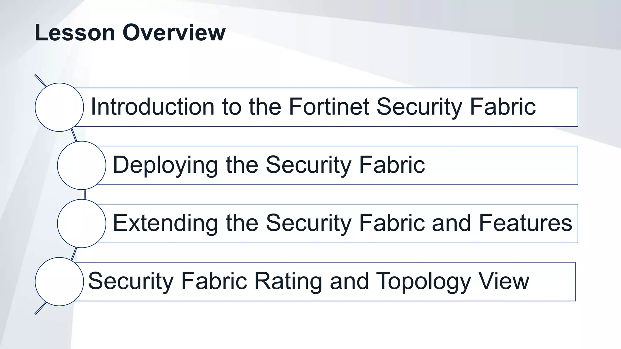 Lesson Overview
Introduction to the Fortinet Security Fabric
Deploying the Security Fabric
Extending the Security Fabric and Features
Security Fabric Rating and Topology View
 