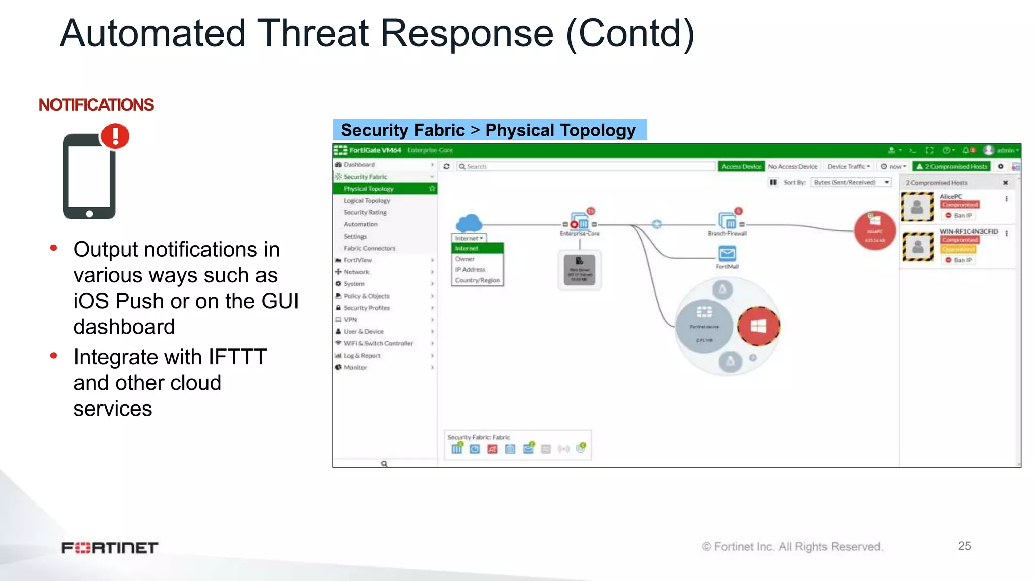 25
Automated Threat Response (Contd)
NOTIFICATIONS
• Output notifications in
various ways such as
iOS Push or on the GUI
dashboard
• Integrate with IFTTT
and other cloud
services
Security Fabric > Physical Topology
 