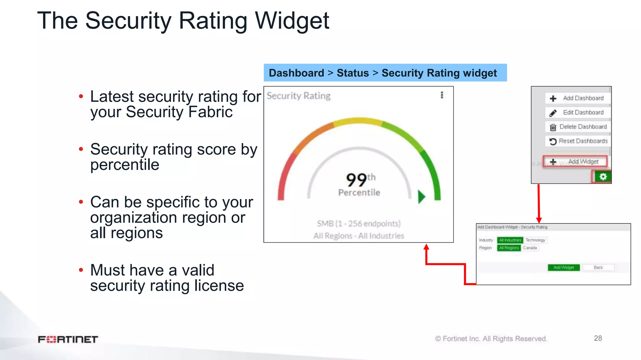 28
The Security Rating Widget
• Latest security rating for
your Security Fabric
• Security rating score by
percentile
• Can be specific to your
organization region or
all regions
• Must have a valid
security rating license
Dashboard > Status > Security Rating widget
 