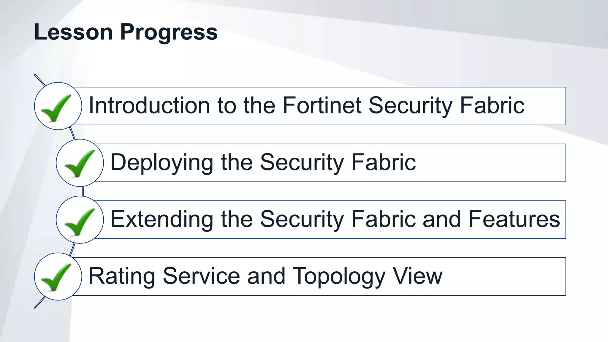 Lesson Progress
Introduction to the Fortinet Security Fabric
Deploying the Security Fabric
Extending the Security Fabric and Features
Rating Service and Topology View
 