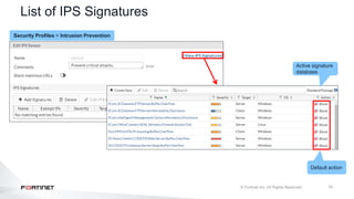 10
List of IPS Signatures
Active signature
database
Default action
Security Profiles > Intrusion Prevention
 