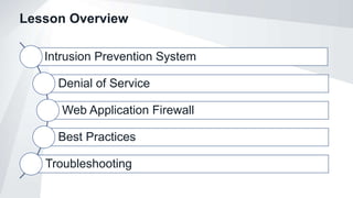 Lesson Overview
Intrusion Prevention System
Denial of Service
Web Application Firewall
Best Practices
Troubleshooting
 