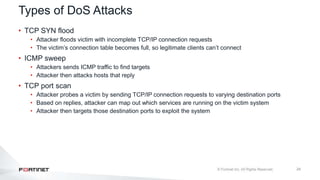 24
Types of DoS Attacks
• TCP SYN flood
• Attacker floods victim with incomplete TCP/IP connection requests
• The victim’s connection table becomes full, so legitimate clients can’t connect
• ICMP sweep
• Attackers sends ICMP traffic to find targets
• Attacker then attacks hosts that reply
• TCP port scan
• Attacker probes a victim by sending TCP/IP connection requests to varying destination ports
• Based on replies, attacker can map out which services are running on the victim system
• Attacker then targets those destination ports to exploit the system
 