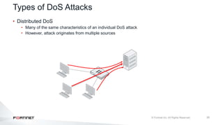 25
Types of DoS Attacks
• Distributed DoS
• Many of the same characteristics of an individual DoS attack
• However, attack originates from multiple sources
 