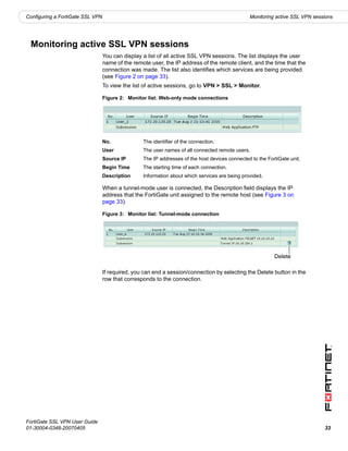Configuring a FortiGate SSL VPN                                                                 Monitoring active SSL VPN sessions




 Monitoring active SSL VPN sessions
                                  You can display a list of all active SSL VPN sessions. The list displays the user
                                  name of the remote user, the IP address of the remote client, and the time that the
                                  connection was made. The list also identifies which services are being provided
                                  (see Figure 2 on page 33).
                                  To view the list of active sessions, go to VPN > SSL > Monitor.

                                  Figure 2: Monitor list: Web-only mode connections




                                  No.             The identifier of the connection.
                                  User            The user names of all connected remote users.
                                  Source IP       The IP addresses of the host devices connected to the FortiGate unit.
                                  Begin Time      The starting time of each connection.
                                  Description     Information about which services are being provided.

                                  When a tunnel-mode user is connected, the Description field displays the IP
                                  address that the FortiGate unit assigned to the remote host (see Figure 3 on
                                  page 33).

                                  Figure 3: Monitor list: Tunnel-mode connection




                                                                                                           Delete

                                  If required, you can end a session/connection by selecting the Delete button in the
                                  row that corresponds to the connection.




FortiGate SSL VPN User Guide
01-30004-0348-20070405                                                                                                        33
 