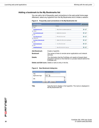 Launching web portal applications                                                                     Working with the web portal




                    Adding a bookmark to the My Bookmarks list
                                    You can add a list of frequently used connections to the web portal home page.
                                    Afterward, select any hyperlink from the My Bookmarks list to initiate a session.

                                    Figure 5: Frequently used connections in the My Bookmarks list




                                    Add Bookmark            Create a hyperlink.
                                    Bookmark                The names of links to remote server applications and network
                                                            services.
                                    Details                 The information that the FortiGate unit needs to forward client
                                                            requests to servers on the Internet or a private network behind the
                                                            FortiGate unit.
                                    Delete and Edit icons Delete or edit an entry in the list.


                                    Figure 6: New Bookmark dialog box




                                    Title                   Type the text to display in the hyperlink. The name is displayed in
                                                            the My Bookmarks list.




                                                                                                  FortiGate SSL VPN User Guide
38                                                                                                      01-30004-0348-20070405
 