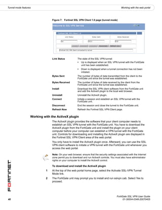 Tunnel-mode features                                                                              Working with the web portal




                                 Figure 7: Fortinet SSL VPN Client 1.0 page (tunnel mode)




                                 Link Status             The state of the SSL VPN tunnel:
                                                         • Up is displayed when an SSL VPN tunnel with the FortiGate
                                                            unit has been established.
                                                         •   Down is displayed when a tunnel connection has not been
                                                             initiated.
                                 Bytes Sent              The number of bytes of data transmitted from the client to the
                                                         FortiGate unit since the tunnel was established.
                                 Bytes Received          The number of bytes of data received by the client from the
                                                         FortiGate unit since the tunnel was established.
                                 Install                 Download the SSL VPN client software from the FortiGate unit
                                                         and add the ActiveX plugin to the local web browser.
                                 Uninstall               Uninstall the ActiveX plugin.
                                 Connect                 Initiate a session and establish an SSL VPN tunnel with the
                                                         FortiGate unit.
                                 Disconnect              End the session and close the tunnel to the FortiGate unit.
                                 Refresh Now             Refresh the Fortinet SSL VPN Client page.


                   Working with the ActiveX plugin
                                 The ActiveX plugin provides the software that your client computer needs to
                                 establish an SSL VPN tunnel with the FortiGate unit. You have to download the
                                 ActiveX plugin from the FortiGate unit and install the plugin on your client
                                 computer before your computer can establish a VPN tunnel with the FortiGate
                                 unit. Controls for downloading and installing the ActiveX plugin are displayed in
                                 the Fortinet SSL VPN Client area of the web portal.
                                 You only have to install the ActiveX plugin once. Afterward, you can use the SSL
                                 VPN client software to initiate a VPN tunnel with the FortiGate unit whenever you
                                 access the web portal.

                                 Note: On your web browser, ensure that the security settings associated with the Internet
                                 zone permit you to download and run ActiveX controls. You must also have administrator
                                 rights on your computer to install the ActiveX control.

                                 To download and install the ActiveX plugin
                             1   At the top of the web portal home page, select the Activate SSL-VPN Tunnel
                                 Mode link.
                             2   The FortiGate unit may prompt you to install and run sslvpn.cab. Select Yes to
                                 proceed.




                                                                                              FortiGate SSL VPN User Guide
48                                                                                                  01-30004-0348-20070405
 