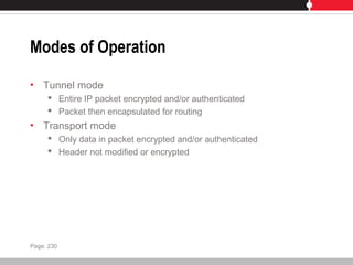 Modes of Operation
• Tunnel mode
 Entire IP packet encrypted and/or authenticated
 Packet then encapsulated for routing
• Transport mode
 Only data in packet encrypted and/or authenticated
 Header not modified or encrypted
Page: 230
 