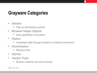 Grayware Categories
• Adware
 Pop-up advertising content
• Browser Helper Objects
 Add capabilities to browser
• Dialers
 Unwanted calls through modem or Internet connection
• Downloaders
 Retrieve files
• Games
• Hacker Tools
 Subvert network and host security
Page: 301-303
 