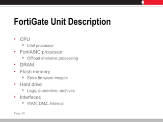 FortiGate Unit Description
• CPU
 Intel processor
• FortiASIC processor
 Offload intensive processing
• DRAM
• Flash memory
 Store firmware images
• Hard drive
 Logs, quarantine, archives
• Interfaces
 WAN, DMZ, Internal
Page: 20
 