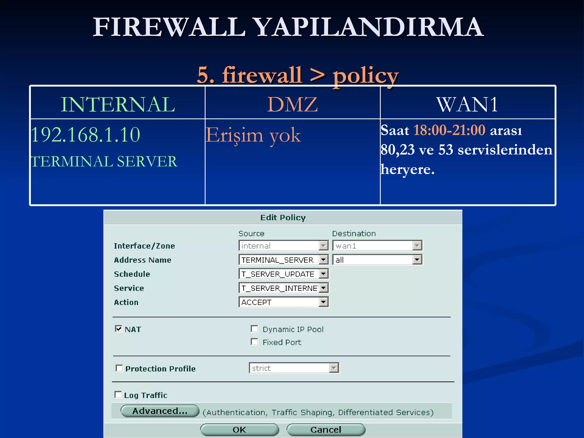 FIREWALL YAPILANDIRMA     5. firewall > policy Saat  18:00-21:00  arası 80,23 ve 53 servislerinden heryere. Erişim yok 192.168.1.10 TERMINAL SERVER WAN1 DMZ INTERNAL 