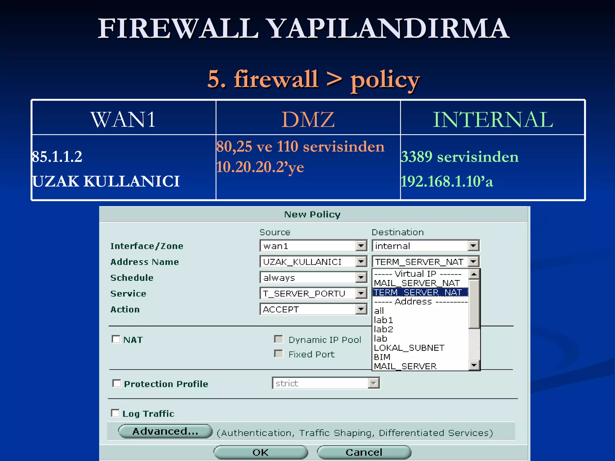 FIREWALL YAPILANDIRMA     5. firewall > policy 3389 servisinden 192.168.1.10’a 80,25 ve 110 servisinden 10.20.20.2’ye 85.1.1.2 UZAK KULLANICI INTERNAL DMZ WAN1 