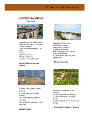 El Fortí. Vinaròs Intercultural
VIVIENDO LA POESÍA
Maxi Sandín
Todos llevamos una ciudad dentro,
ciudad que nos alienta y nos acusa,
La ciudad del alma.
Calles, sonidos de campanas y de
pasos,
y la luz,
sobre todo, el aire,
el temple del Duero,
las piedras que nos fecundan.
(Claudio Rodríguez, poema a
Zamora)
Nuestras almas, como ávidas
gaviotas,
se tenderán al viento de la
entrega,
y yo, fuente de olas, te haré
cósmico...
¡Hay tanto mar nadando en mis
estrellas!
(Julia de Burgos)
Pasados los verdes pinos,
casi azules, primavera
se ve brotar en los finos
chopos de la carretera
y del río. El Duero corre, terso y
mudo, mansamente.
El campo parece, más que joven,
adolescente.
(Antonio Machado)
En la hierba del cielo, o de los
mundos,
el animal levanta el vuelo breve,
la cabeza incendiada, el cuerpo
astuto,
la cresta reflejada por los charcos del
tiempo.
("La Abubilla", de Andrés Sánchez)
 