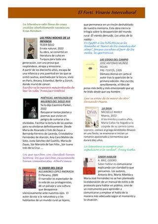 El Fortí. Vinaròs Intercultural
La literatura está llena de cosas
inútiles absolutamente necesarias.
Rosa Montero.
LAS FRÍAS NOCHES DE LA
INFANCIA
TEZER ÖZLÜ
Errata natural, 2022
Su obra, se convirtió en
literatura de culto en
Turquia para toda una
generación, con una prosa que
resplandece, atrapa y emociona.
A partir de los dieciocho años, escapa de
una infancia y una juventud en las que se
sintió cautiva, acechada por la locura, vivió
en París, Ancara, Estambul, Berlín y Zúrich,
donde murió de cáncer.
Escribir es la manera más profunda de
leer la vida."Francisco Umbral.
POÉTICAS: ANTOLOGÍA DE
MUJERES DEL SIGLO XVII
Ya lo dijo Casimiro Parker,
2022
Recuperar tantas poetas y
poemas que vivían en
peligro de sumarse a las
olvidadas. Facilitar la lectura de las poetas
para no olvidarse definitivamente. Desde
María de Alvarado o Inés de Zayas a
Bernarda Ferreira de Lacerda, Cristobalina
Fernández de Alarcón, Ana Caro Mallén de
Soto, Justa Sánchez del Castillo, María de
Zayas, Sor Marcela de San Félix , Sor Juana
Inés de la Cruz ....
Los que escriben con claridad tienen
lectores; los que escriben oscuramente
tienen comentaristas. Albert Camus.
EL OXIDO DEL CIELO
ALEJANDRO LOPEZ ANDRADA
El Páramo, 2009
El narrador es espectador de
la vida de sus protagonistas,
de un paisaje y una cultura
que desaparece
silenciosamente ante nuestros ojos. El
autor da voz a la naturaleza y a los
habitantes de un mundo rural ya lejano,
que permanece en un rincón deshabitado
de nuestra memoria. Esta obra cierra la
trilogía sobre la desaparición del mundo
rural -El viento derruido, Los años de la
niebla -
En Egipto a las bibliotecas se les
llamaba el "tesoro de los remedios del
alma", porque curaban el peor de los
males, la ignorancia.
LAS COSAS DEL CAMPO
JOSE ANTONIO MUÑOZ
ROJAS
PRE-TEXTOS, 1999
Dámaso Alonso en carta al
autor tras la aparición de la
primera edición: Has escrito,
sencillamente, el libro de
prosa más bello y más emocionado que yo
he leído desde que soy hombre.
Leer es soñar de la mano de otro".
Fernando Pessoa.
LA DIVA
MICHELLE MARLY
Maeva, 2022
A los treinta y cuatro años,
Maria Callas ha llegado a la
cúspide de su carrera como
soprano, conoce al griego Aristóteles Onassis
en una fiesta, se enamoran e inician un
romance apasionado y tormentoso que
durará diez años.
La literatura es siempre una
expedición a la verdad". Franz Kafka.
SABER HABLAR
A. BRIZ, COORD.
Saber hablar es comunicarse
explicando con claridad lo que
pensamos. Los autores,
Antonio Briz, Marta Albelda y
María José Fernández no se han planteado
la elaboración de un manual de estilo o de
protocolo para hablar en público, sino de
un instrumento para aprender a
comunicarse y emplear el habla de la
manera más adecuada según el momento y
la situación.
 