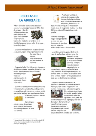 El Fortí. Vinaròs Intercultural
RECETAS DE
LA ABUELA (5)
-6
Para broncear las medallas de cobre
poner a hervir dos partes de cardillo, diez
de vinagre y dos de
sal de amoniaco, se
cuela y diluye en
agua hasta obtener
un precipitado
blanco. las medallas se tendrán en el
líquido hasta que tomen color de bronce. -
lunes 5 octubre-
- La ceniza fina de carbón no debe tirarse
porque sirve para limpiar perfectamente
las cacerolas y
demás
instrumentos de
cocina - viernes 9
octubre-
- El agua de haber hervido arroz, sirve para
almidonar encajes, pañuelos delicados...los
cuales adquieren una tiesura suave y
delicada y mejor
vista que
planchándolos de
otro modo -lunes
26 octubre-
- Cuando se parte un limón en dos mitades
y no se emplea una de ellas, debe ponerse
en un plato y cubrirlo con un vaso de cristal
puesto hacia abajo, así se evita que el aire
lo seque o lo pudra - viernes
25 setiembre-
-Para limpiar
mimbre: sosa desecha en
agua caliente, se lava con
un cepillo y después se seca
a la sombra.
6
Recogido del libro, citado en otros números, de D.
Carlos Yeves y de un cuaderno manuscrito de
principios del siglo XX.
- Para hacer un litro de
colonia. Se mezcla medio
litro de alcohol y medio de
agua y una peseta de esencia
de colonia, se mezcla y se
deja 24 horas. Después se mezcla con
media onza de magnesia inglesa y se deja
24 horas más, se filtra y se tapa en la
botella.
-Eliminar hormigas:
fregar bien por donde
se vean con una
disolución de alumbre
y poner hojas de
azufre en esa zona y en las baldas.
- Lavandera, se encargaban de lavar la
ropa de las familias, primero en el rio,
después en los
lavaderos del pueblo
o de la casa. Remojo
el lunes, primero
ropa blanca con
agua caliente, se
ponía al sol y mientras se lavaba la de
color, después de enjuagarse se ponía en
azulete -añil- y se tendía al sol. La de color
en la sombra - la sal y el vinagre se usaban
para que no destiñeran los colores-
- Limpieza corporal: la cabeza y la
dentadura merecen un cuidado especial.
No dejar pasar un día sin peinarse con
esmero y en cuanto a la boca enjuagarla
bien así que se concluya
la comida para lo cual es
conveniente echar en
agua tibia unas gotas de
cocimiento de flor de espliego, pasar por la
dentadura diariamente un
trapo fino impregnado
ligeramente de jabón y
después enjuagar. cada 3
o 4 días limpiarla con
polvos de carbón pasados por un tamiz.
 