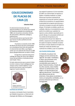 El Fortí. Vinaròs Intercultural
COLECCIONISMO
DE PLACAS DE
CAVA (2)
Sebastian Redó
El coleccionismo de placas de cava
(placomuseofilia) es una afición que empezó
en Catalunya alrededor de la década del
1980, con encuentros semanales, festivos,
de intercambio y diferentes catálogos y
publicaciones.
Personalmente pienso que hay dos hitos
que marcan el salto cualitativo de este
coleccionismo.
- El primero, la creación el año 1998
del Museo de Placas de Cava y Champagne
en la localidad de Sant Feliu de Guíxols por
el coleccionista Joan Albó, y que llegó a
contar con una colección de más de 117.000
placas (desgraciadamente cerrado en 2016).
-El segundo, la aparición del primer
catálogo de chapas de cava el año 2008 de
manos del periodista y multicoleccionista
Jordi Viader i Riera.
En todo coleccionismo que se precie la base
es tener a mano un buen catálogo que nos
marque cuál es nuestro objetivo, lo que
tenemos que buscar y que nos ayude a
organizar nuestra colección.
UN POCO DE HISTORIA
Las placas y los bozales fueron inventados
por Adolphe Jacquesson, un fabricante de
champán de Châlons-en-Champagne
que registró la patente el 11 de noviembre
de 1844. Con anterioridad, los tapones se
fijaban a la botella mediante un cordel.
Parece que la primera motivación de
Jacquesson en la hora de inventar la placa y
el bozal fue la económica. En aquella época,
la porosidad de los tapones permitía que a
menudo se escapara una parte del líquido y
del gas. El champán se oxidaba y perdía sus
calidades. Además, la humedad de las cavas
podría los cordeles que sujetaban los
tapones y estos saltaban expulsados por la
presión del gas, lo cual pasaba también por
los cambios de temperatura y las
manipulaciones de qué eran objeto las
botellas. Jacquesson tuvo la ingeniosa idea
de sujetar los tapones mediante una placa
de metal y un bozal, fijando así el tapón a la
botella por medio de alambres que
sustituían los cordeles, y que no se podrían.
LAS PLACAS ENTALLADAS
En Cataluña, las placas más
antiguas son de comienzos de
siglo XX. Son todas "entalladas",
es decir, que presentan unos
entalles de dimensiones
considerables para sujetar el
bozal. Posteriormente, a finales de
los años sesenta, estas entallas
reducen sus dimensiones y dan
origen a un tipo de placas que
algunos denominan "recortadas",
para diferenciarlas de las
anteriores. Estas placas se pintaban a
mano y en pequeñas cantidades, en un
proceso artesanal que ahora es
inimaginable.
Figura 1:
Antigua capsule de
Champagne de Jacquesson
 