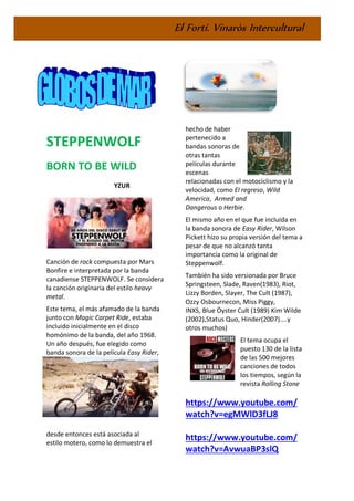 El Fortí. Vinaròs Intercultural
STEPPENWOLF
BORN TO BE WILD
YZUR
Canción de rock compuesta por Mars
Bonfire e interpretada por la banda
canadiense STEPPENWOLF. Se considera
la canción originaria del estilo heavy
metal.
Este tema, el más afamado de la banda
junto con Magic Carpet Ride, estaba
incluido inicialmente en el disco
homónimo de la banda, del año 1968.
Un año después, fue elegido como
banda sonora de la película Easy Rider,
desde entonces está asociada al
estilo motero, como lo demuestra el
hecho de haber
pertenecido a
bandas sonoras de
otras tantas
películas durante
escenas
relacionadas con el motociclismo y la
velocidad, como El regreso, Wild
America, Armed and
Dangerous o Herbie.
El mismo año en el que fue incluida en
la banda sonora de Easy Rider, Wilson
Pickett hizo su propia versión del tema a
pesar de que no alcanzó tanta
importancia como la original de
Steppenwolf.
También ha sido versionada por Bruce
Springsteen, Slade, Raven(1983), Riot,
Lizzy Borden, Slayer, The Cult (1987),
Ozzy Osbournecon, Miss Piggy,
INXS, Blue Öyster Cult (1989) Kim Wilde
(2002),Status Quo, Hinder(2007)....y
otros muchos)
El tema ocupa el
puesto 130 de la lista
de las 500 mejores
canciones de todos
los tiempos, según la
revista Rolling Stone
https://www.youtube.com/
watch?v=egMWlD3fLJ8
https://www.youtube.com/
watch?v=AvwuaBP3slQ
 