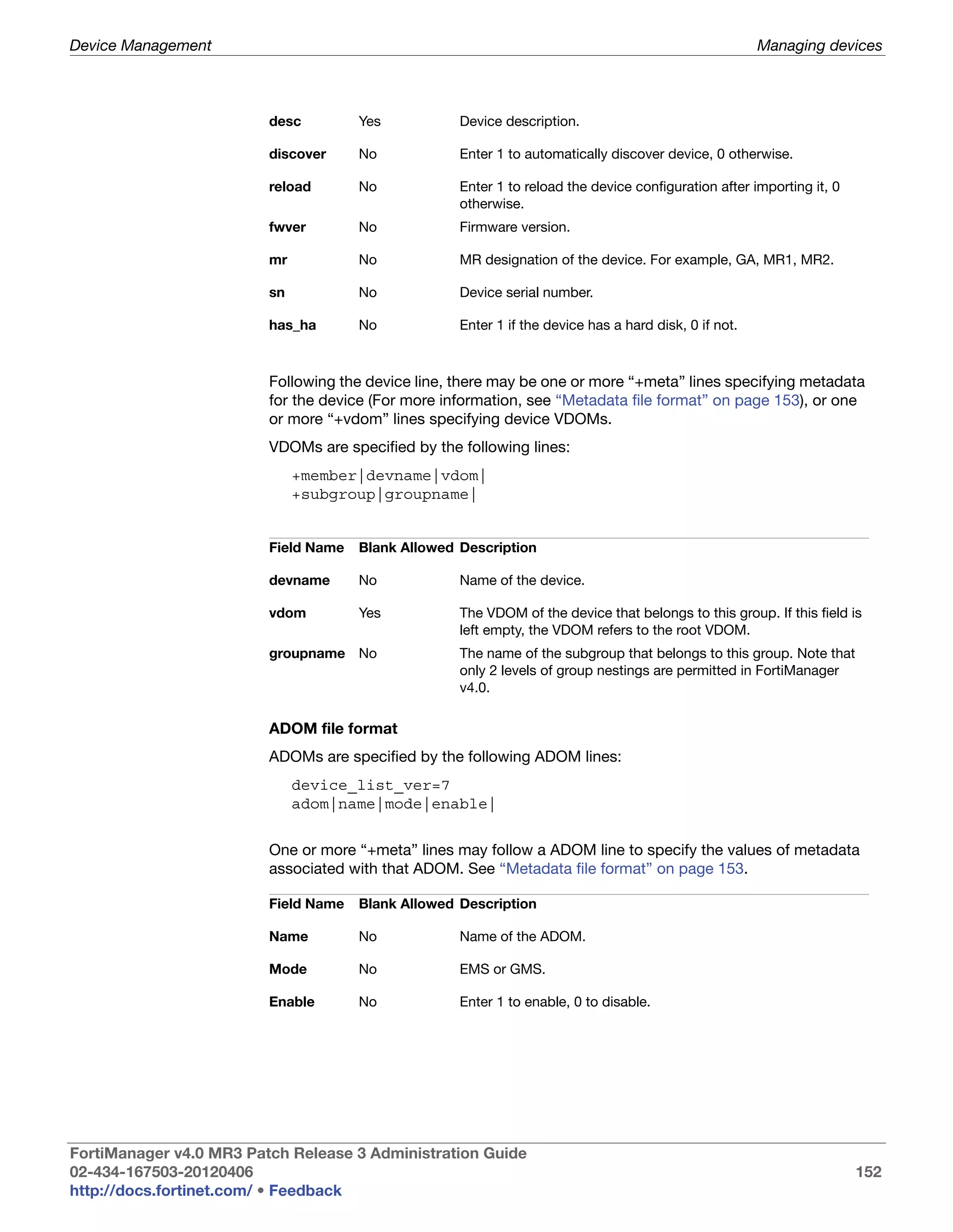 Device Management                                                                                      Managing devices



                         desc         Yes           Device description.

                         discover     No            Enter 1 to automatically discover device, 0 otherwise.

                         reload       No            Enter 1 to reload the device configuration after importing it, 0
                                                    otherwise.
                         fwver        No            Firmware version.

                         mr           No            MR designation of the device. For example, GA, MR1, MR2.

                         sn           No            Device serial number.

                         has_ha       No            Enter 1 if the device has a hard disk, 0 if not.



                         Following the device line, there may be one or more “+meta” lines specifying metadata
                         for the device (For more information, see “Metadata file format” on page 153), or one
                         or more “+vdom” lines specifying device VDOMs.
                         VDOMs are specified by the following lines:
                              +member|devname|vdom|
                              +subgroup|groupname|


                         Field Name   Blank Allowed Description

                         devname      No            Name of the device.

                         vdom         Yes           The VDOM of the device that belongs to this group. If this field is
                                                    left empty, the VDOM refers to the root VDOM.
                         groupname No               The name of the subgroup that belongs to this group. Note that
                                                    only 2 levels of group nestings are permitted in FortiManager
                                                    v4.0.

                         ADOM file format
                         ADOMs are specified by the following ADOM lines:
                              device_list_ver=7
                              adom|name|mode|enable|


                         One or more “+meta” lines may follow a ADOM line to specify the values of metadata
                         associated with that ADOM. See “Metadata file format” on page 153.

                         Field Name   Blank Allowed Description

                         Name         No            Name of the ADOM.

                         Mode         No            EMS or GMS.

                         Enable       No            Enter 1 to enable, 0 to disable.




FortiManager v4.0 MR3 Patch Release 3 Administration Guide
02-434-167503-20120406                                                                                                 152
http://docs.fortinet.com/ • Feedback
 