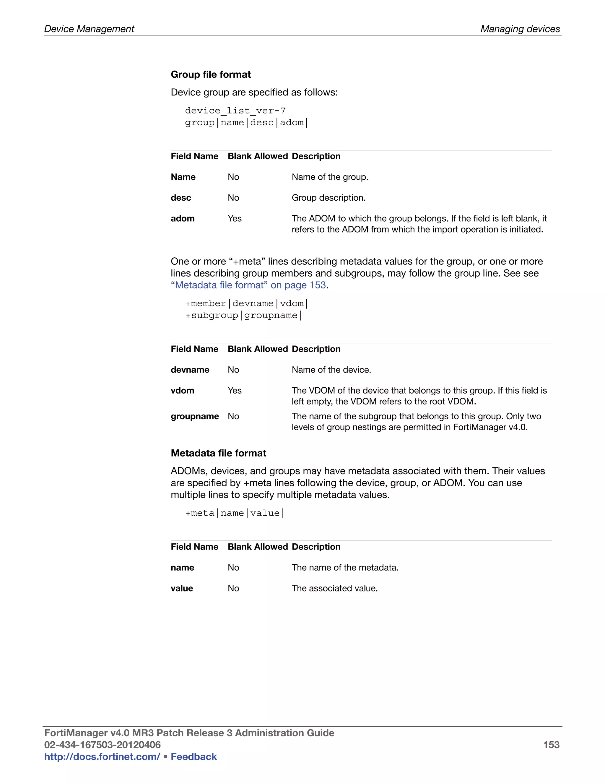 Device Management                                                                                    Managing devices



                         Group file format
                         Device group are specified as follows:
                            device_list_ver=7
                            group|name|desc|adom|


                         Field Name   Blank Allowed Description

                         Name         No            Name of the group.

                         desc         No            Group description.

                         adom         Yes           The ADOM to which the group belongs. If the field is left blank, it
                                                    refers to the ADOM from which the import operation is initiated.


                         One or more “+meta” lines describing metadata values for the group, or one or more
                         lines describing group members and subgroups, may follow the group line. See see
                         “Metadata file format” on page 153.
                            +member|devname|vdom|
                            +subgroup|groupname|


                         Field Name   Blank Allowed Description

                         devname      No            Name of the device.

                         vdom         Yes           The VDOM of the device that belongs to this group. If this field is
                                                    left empty, the VDOM refers to the root VDOM.
                         groupname No               The name of the subgroup that belongs to this group. Only two
                                                    levels of group nestings are permitted in FortiManager v4.0.

                         Metadata file format
                         ADOMs, devices, and groups may have metadata associated with them. Their values
                         are specified by +meta lines following the device, group, or ADOM. You can use
                         multiple lines to specify multiple metadata values.
                            +meta|name|value|


                         Field Name   Blank Allowed Description

                         name         No            The name of the metadata.

                         value        No            The associated value.




FortiManager v4.0 MR3 Patch Release 3 Administration Guide
02-434-167503-20120406                                                                                               153
http://docs.fortinet.com/ • Feedback
 