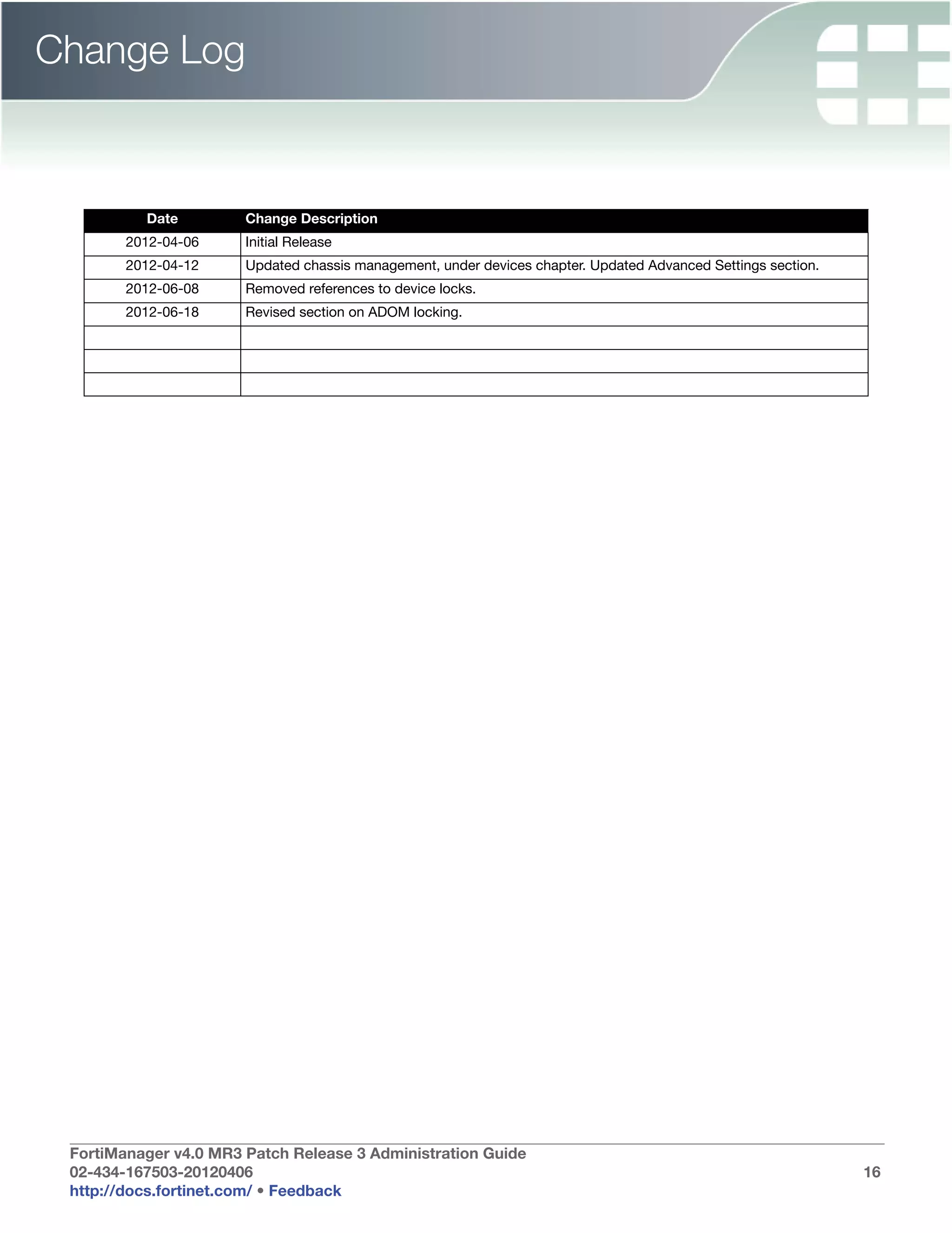 Change Log



          Date         Change Description
        2012-04-06     Initial Release
        2012-04-12     Updated chassis management, under devices chapter. Updated Advanced Settings section.
        2012-06-08     Removed references to device locks.
        2012-06-18     Revised section on ADOM locking.




 FortiManager v4.0 MR3 Patch Release 3 Administration Guide
 02-434-167503-20120406                                                                                        16
 http://docs.fortinet.com/ • Feedback
 