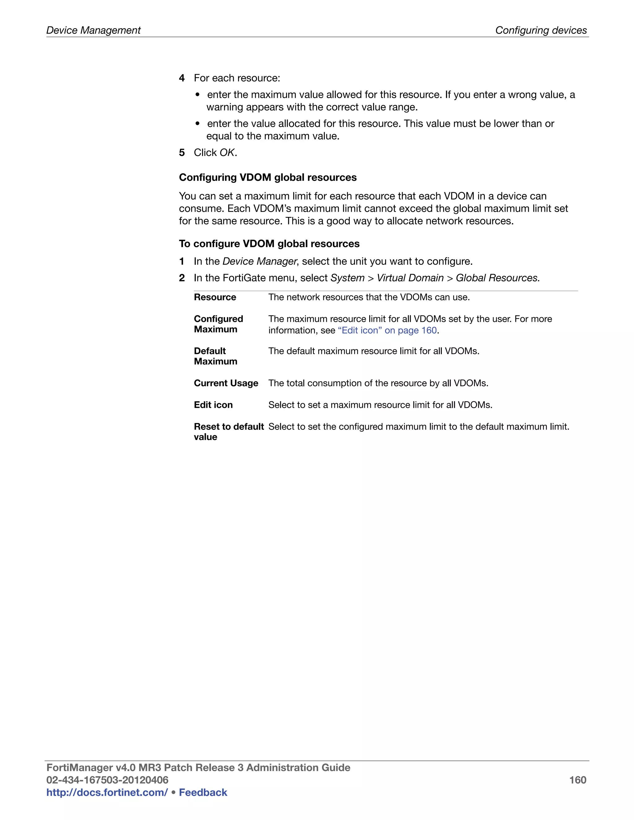 Device Management                                                                                    Configuring devices



                         4 For each resource:
                            • enter the maximum value allowed for this resource. If you enter a wrong value, a
                              warning appears with the correct value range.
                            • enter the value allocated for this resource. This value must be lower than or
                              equal to the maximum value.
                         5 Click OK.

                         Configuring VDOM global resources
                         You can set a maximum limit for each resource that each VDOM in a device can
                         consume. Each VDOM’s maximum limit cannot exceed the global maximum limit set
                         for the same resource. This is a good way to allocate network resources.

                         To configure VDOM global resources
                         1 In the Device Manager, select the unit you want to configure.
                         2 In the FortiGate menu, select System > Virtual Domain > Global Resources.
                            Resource         The network resources that the VDOMs can use.

                            Configured       The maximum resource limit for all VDOMs set by the user. For more
                            Maximum          information, see “Edit icon” on page 160.

                            Default          The default maximum resource limit for all VDOMs.
                            Maximum

                            Current Usage    The total consumption of the resource by all VDOMs.

                            Edit icon        Select to set a maximum resource limit for all VDOMs.

                            Reset to default Select to set the configured maximum limit to the default maximum limit.
                            value




FortiManager v4.0 MR3 Patch Release 3 Administration Guide
02-434-167503-20120406                                                                                              160
http://docs.fortinet.com/ • Feedback
 