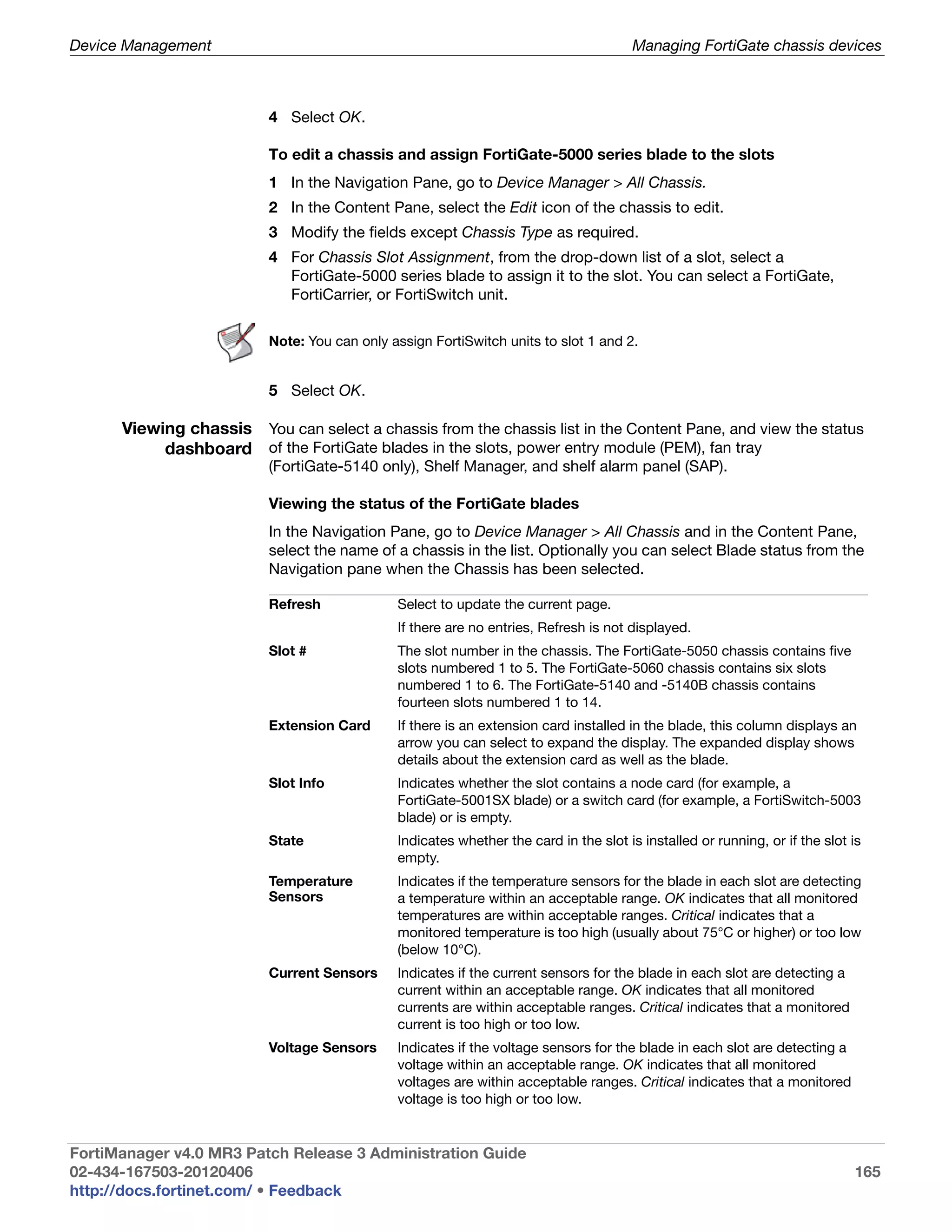 Device Management                                                                      Managing FortiGate chassis devices



                          4 Select OK.

                          To edit a chassis and assign FortiGate-5000 series blade to the slots
                          1 In the Navigation Pane, go to Device Manager > All Chassis.
                          2 In the Content Pane, select the Edit icon of the chassis to edit.
                          3 Modify the fields except Chassis Type as required.
                          4 For Chassis Slot Assignment, from the drop-down list of a slot, select a
                            FortiGate-5000 series blade to assign it to the slot. You can select a FortiGate,
                            FortiCarrier, or FortiSwitch unit.

                          Note: You can only assign FortiSwitch units to slot 1 and 2.


                          5 Select OK.

      Viewing chassis You can select a chassis from the chassis list in the Content Pane, and view the status
           dashboard of the FortiGate blades in the slots, power entry module (PEM), fan tray
                          (FortiGate-5140 only), Shelf Manager, and shelf alarm panel (SAP).

                          Viewing the status of the FortiGate blades
                          In the Navigation Pane, go to Device Manager > All Chassis and in the Content Pane,
                          select the name of a chassis in the list. Optionally you can select Blade status from the
                          Navigation pane when the Chassis has been selected.

                          Refresh             Select to update the current page.
                                              If there are no entries, Refresh is not displayed.
                          Slot #              The slot number in the chassis. The FortiGate-5050 chassis contains five
                                              slots numbered 1 to 5. The FortiGate-5060 chassis contains six slots
                                              numbered 1 to 6. The FortiGate-5140 and -5140B chassis contains
                                              fourteen slots numbered 1 to 14.
                          Extension Card      If there is an extension card installed in the blade, this column displays an
                                              arrow you can select to expand the display. The expanded display shows
                                              details about the extension card as well as the blade.
                          Slot Info           Indicates whether the slot contains a node card (for example, a
                                              FortiGate-5001SX blade) or a switch card (for example, a FortiSwitch-5003
                                              blade) or is empty.
                          State               Indicates whether the card in the slot is installed or running, or if the slot is
                                              empty.
                          Temperature         Indicates if the temperature sensors for the blade in each slot are detecting
                          Sensors             a temperature within an acceptable range. OK indicates that all monitored
                                              temperatures are within acceptable ranges. Critical indicates that a
                                              monitored temperature is too high (usually about 75°C or higher) or too low
                                              (below 10°C).
                          Current Sensors     Indicates if the current sensors for the blade in each slot are detecting a
                                              current within an acceptable range. OK indicates that all monitored
                                              currents are within acceptable ranges. Critical indicates that a monitored
                                              current is too high or too low.
                          Voltage Sensors     Indicates if the voltage sensors for the blade in each slot are detecting a
                                              voltage within an acceptable range. OK indicates that all monitored
                                              voltages are within acceptable ranges. Critical indicates that a monitored
                                              voltage is too high or too low.


FortiManager v4.0 MR3 Patch Release 3 Administration Guide
02-434-167503-20120406                                                                                                       165
http://docs.fortinet.com/ • Feedback
 