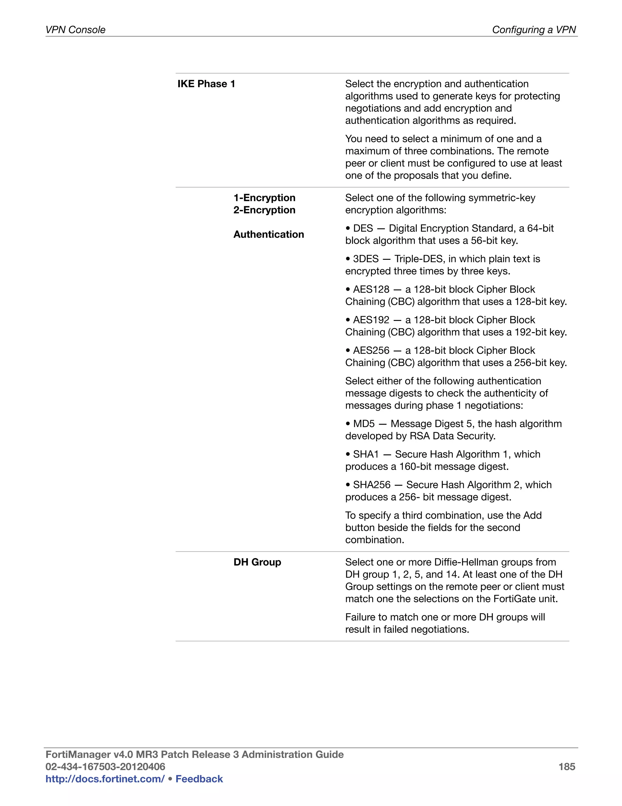 VPN Console                                                                                   Configuring a VPN




                         IKE Phase 1                         Select the encryption and authentication
                                                             algorithms used to generate keys for protecting
                                                             negotiations and add encryption and
                                                             authentication algorithms as required.
                                                             You need to select a minimum of one and a
                                                             maximum of three combinations. The remote
                                                             peer or client must be configured to use at least
                                                             one of the proposals that you define.

                                    1-Encryption             Select one of the following symmetric-key
                                    2-Encryption             encryption algorithms:
                                                             • DES — Digital Encryption Standard, a 64-bit
                                    Authentication
                                                             block algorithm that uses a 56-bit key.
                                                             • 3DES — Triple-DES, in which plain text is
                                                             encrypted three times by three keys.
                                                             • AES128 — a 128-bit block Cipher Block
                                                             Chaining (CBC) algorithm that uses a 128-bit key.
                                                             • AES192 — a 128-bit block Cipher Block
                                                             Chaining (CBC) algorithm that uses a 192-bit key.
                                                             • AES256 — a 128-bit block Cipher Block
                                                             Chaining (CBC) algorithm that uses a 256-bit key.
                                                             Select either of the following authentication
                                                             message digests to check the authenticity of
                                                             messages during phase 1 negotiations:
                                                             • MD5 — Message Digest 5, the hash algorithm
                                                             developed by RSA Data Security.
                                                             • SHA1 — Secure Hash Algorithm 1, which
                                                             produces a 160-bit message digest.
                                                             • SHA256 — Secure Hash Algorithm 2, which
                                                             produces a 256- bit message digest.
                                                             To specify a third combination, use the Add
                                                             button beside the fields for the second
                                                             combination.

                                    DH Group                 Select one or more Diffie-Hellman groups from
                                                             DH group 1, 2, 5, and 14. At least one of the DH
                                                             Group settings on the remote peer or client must
                                                             match one the selections on the FortiGate unit.
                                                             Failure to match one or more DH groups will
                                                             result in failed negotiations.




FortiManager v4.0 MR3 Patch Release 3 Administration Guide
02-434-167503-20120406                                                                                       185
http://docs.fortinet.com/ • Feedback
 