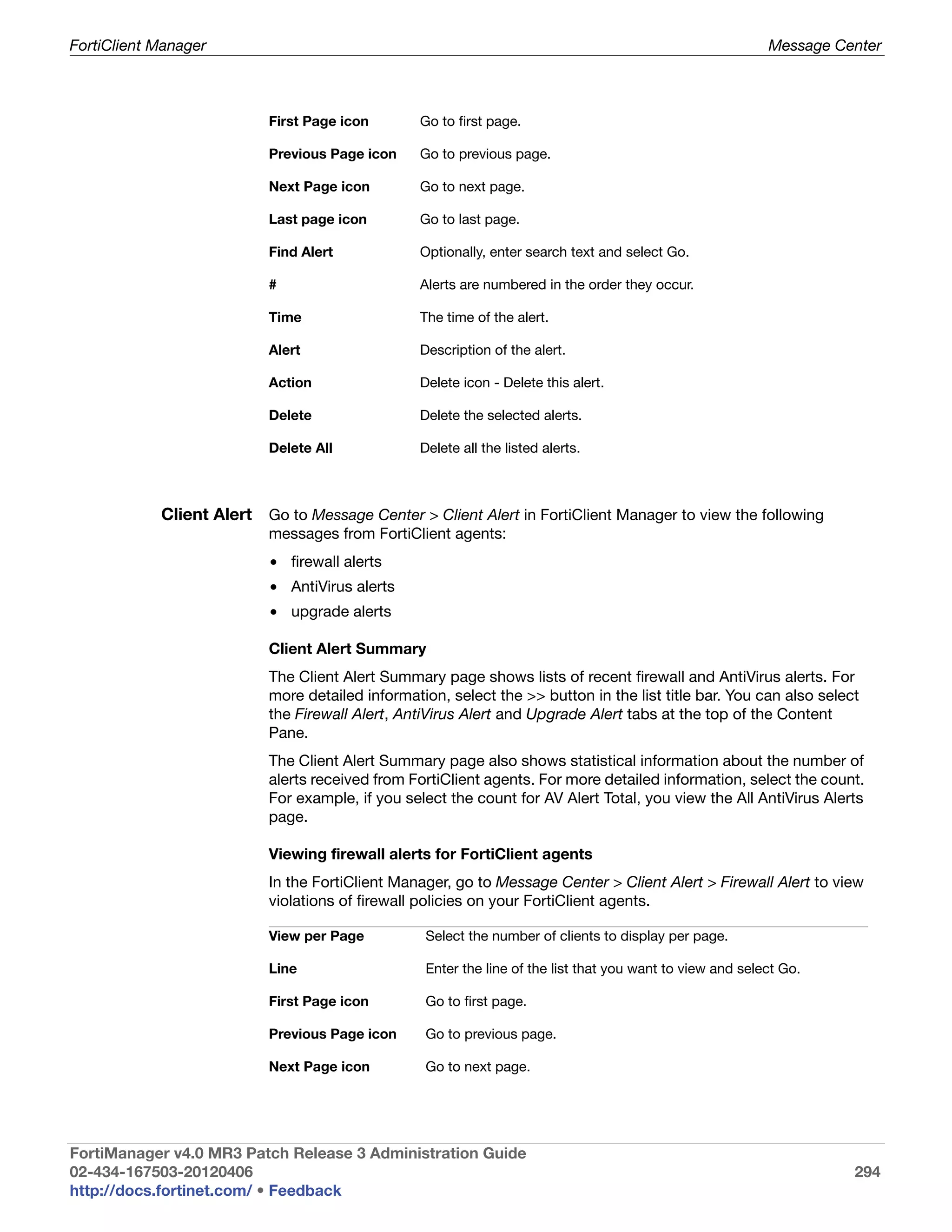 FortiClient Manager                                                                                         Message Center



                           First Page icon        Go to first page.

                           Previous Page icon     Go to previous page.

                           Next Page icon         Go to next page.

                           Last page icon         Go to last page.

                           Find Alert             Optionally, enter search text and select Go.

                           #                      Alerts are numbered in the order they occur.

                           Time                   The time of the alert.

                           Alert                  Description of the alert.

                           Action                 Delete icon - Delete this alert.

                           Delete                 Delete the selected alerts.

                           Delete All             Delete all the listed alerts.



            Client Alert Go to Message Center > Client Alert in FortiClient Manager to view the following
                           messages from FortiClient agents:
                           • firewall alerts
                           • AntiVirus alerts
                           • upgrade alerts

                           Client Alert Summary
                           The Client Alert Summary page shows lists of recent firewall and AntiVirus alerts. For
                           more detailed information, select the >> button in the list title bar. You can also select
                           the Firewall Alert, AntiVirus Alert and Upgrade Alert tabs at the top of the Content
                           Pane.
                           The Client Alert Summary page also shows statistical information about the number of
                           alerts received from FortiClient agents. For more detailed information, select the count.
                           For example, if you select the count for AV Alert Total, you view the All AntiVirus Alerts
                           page.

                           Viewing firewall alerts for FortiClient agents
                           In the FortiClient Manager, go to Message Center > Client Alert > Firewall Alert to view
                           violations of firewall policies on your FortiClient agents.

                           View per Page           Select the number of clients to display per page.

                           Line                    Enter the line of the list that you want to view and select Go.

                           First Page icon         Go to first page.

                           Previous Page icon      Go to previous page.

                           Next Page icon          Go to next page.




FortiManager v4.0 MR3 Patch Release 3 Administration Guide
02-434-167503-20120406                                                                                                294
http://docs.fortinet.com/ • Feedback
 