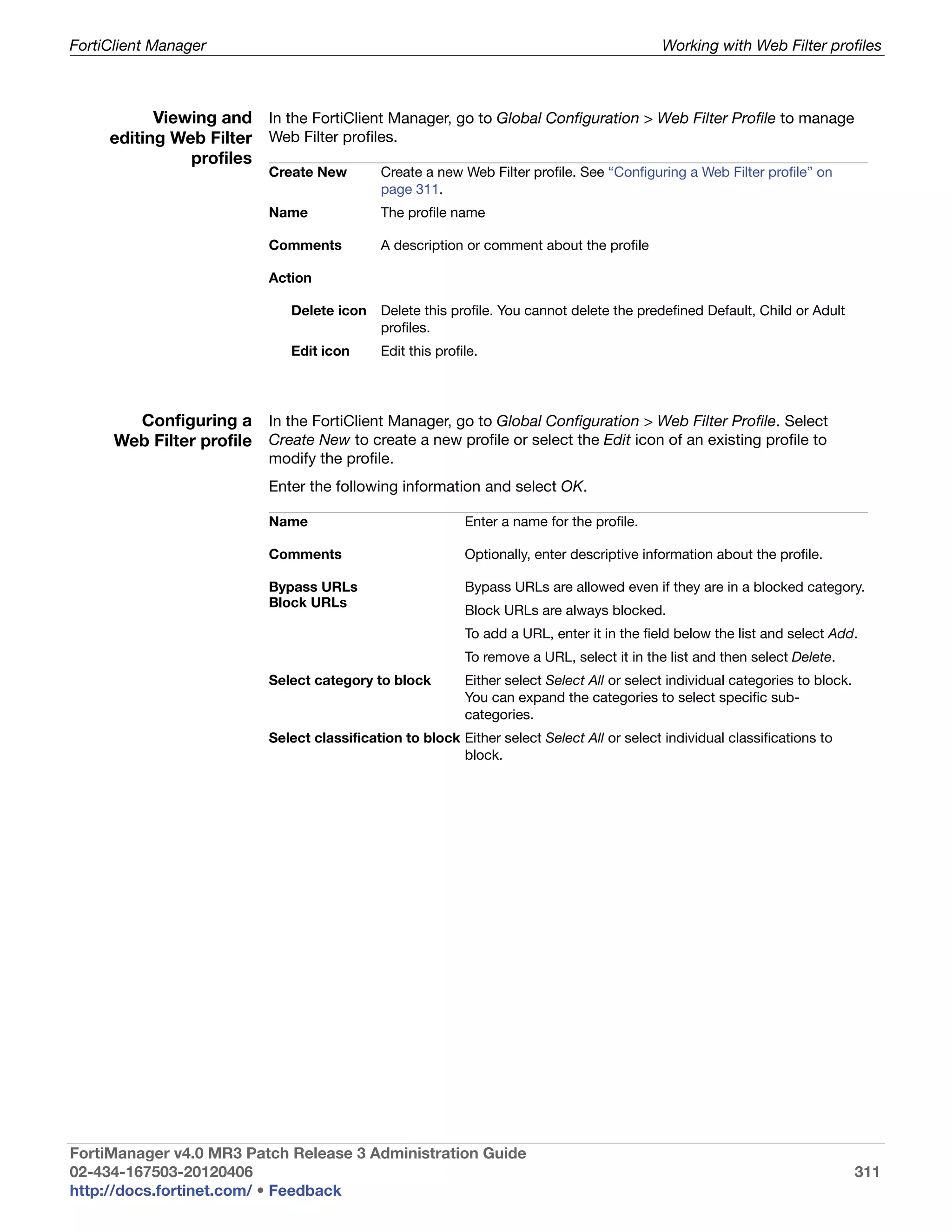 FortiClient Manager                                                                           Working with Web Filter profiles



           Viewing and In the FortiClient Manager, go to Global Configuration > Web Filter Profile to manage
     editing Web Filter Web Filter profiles.
               profiles
                            Create New        Create a new Web Filter profile. See “Configuring a Web Filter profile” on
                                              page 311.
                            Name              The profile name

                            Comments          A description or comment about the profile

                            Action

                               Delete icon    Delete this profile. You cannot delete the predefined Default, Child or Adult
                                              profiles.
                               Edit icon      Edit this profile.




        Configuring a In the FortiClient Manager, go to Global Configuration > Web Filter Profile. Select
      Web Filter profile Create New to create a new profile or select the Edit icon of an existing profile to
                            modify the profile.
                            Enter the following information and select OK.

                            Name                             Enter a name for the profile.

                            Comments                         Optionally, enter descriptive information about the profile.

                            Bypass URLs                      Bypass URLs are allowed even if they are in a blocked category.
                            Block URLs
                                                             Block URLs are always blocked.
                                                             To add a URL, enter it in the field below the list and select Add.
                                                             To remove a URL, select it in the list and then select Delete.
                            Select category to block         Either select Select All or select individual categories to block.
                                                             You can expand the categories to select specific sub-
                                                             categories.
                            Select classification to block Either select Select All or select individual classifications to
                                                           block.




FortiManager v4.0 MR3 Patch Release 3 Administration Guide
02-434-167503-20120406                                                                                                            311
http://docs.fortinet.com/ • Feedback
 