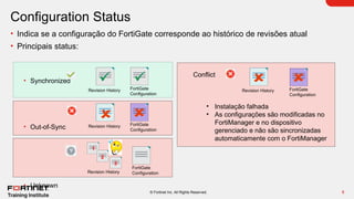 8
© Fortinet Inc. All Rights Reserved.
Configuration Status
• Indica se a configuração do FortiGate corresponde ao histórico de revisões atual
• Principais status:
• Synchronized
• Out-of-Sync
• Unknown
Revision History FortiGate
Configuration
Revision History
FortiGate
Configuration
Revision History FortiGate
Configuration
1
2
3
Conflict
• Instalação falhada
• As configurações são modificadas no
FortiManager e no dispositivo
gerenciado e não são sincronizadas
automaticamente com o FortiManager
Revision History FortiGate
Configuration
 