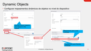 12
© Fortinet Inc. All Rights Reserved.
Dynamic Objects
• Configurar mapeamentos dinâmicos de objetos no nível do dispositivo
Devices without mapping
are mapped to this
subnet
Mapeamento para Local-
FortiGate
Mapeamento para Remote-
FortiGate
 