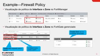 14
© Fortinet Inc. All Rights Reserved.
Example—Firewall Policy
• Visualização de política de Interface e Zone no FortiManager
• Visualização de política de Interface e Zone no FortiGate gerenciado
Trusted Zone ver no
FortiGate gerenciado
Confiável (inclui
port6 e port7)
Inside está mapeado para a
porta3
 