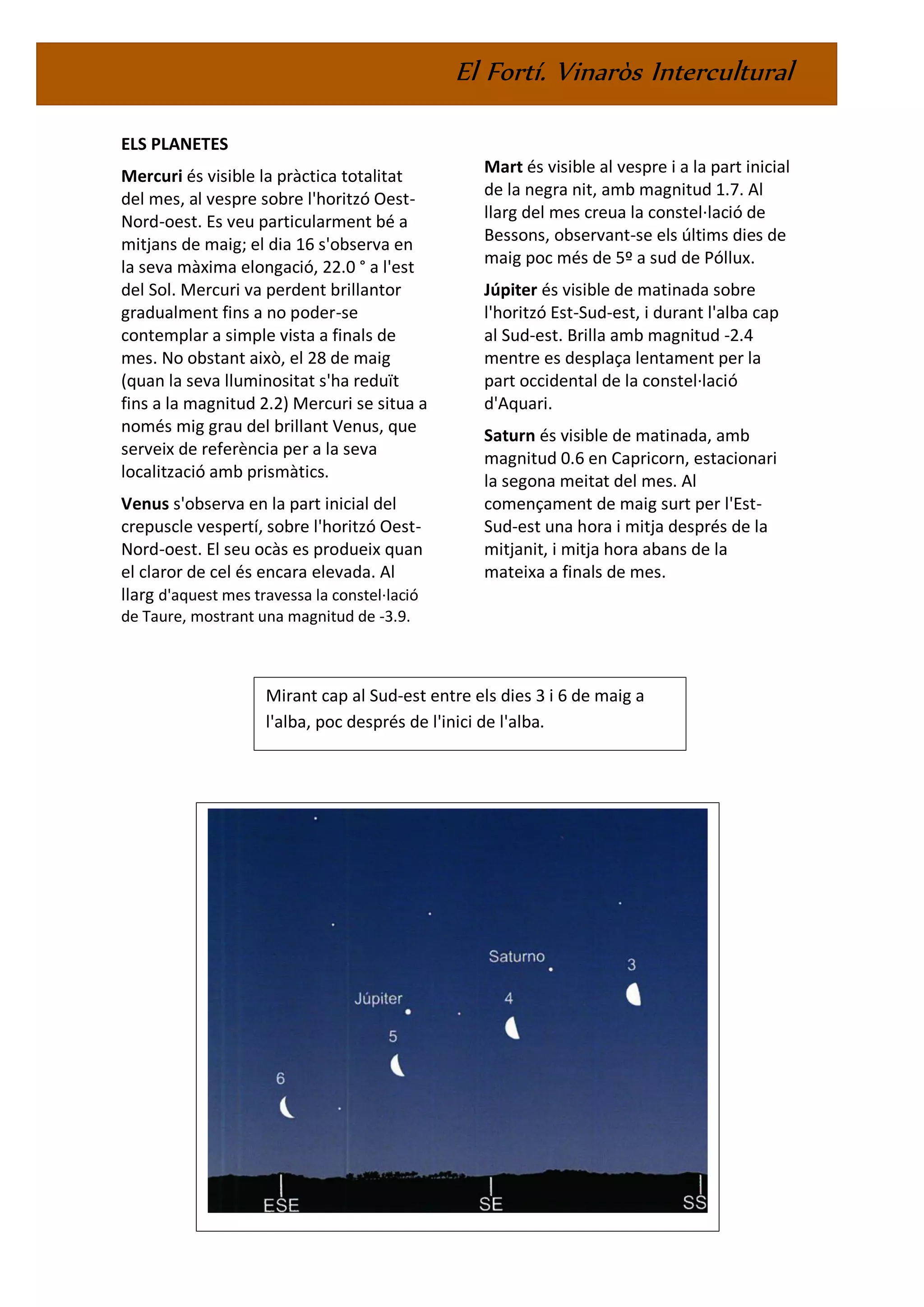 El Fortí. Vinaròs Intercultural
ELS PLANETES
Mercuri és visible la pràctica totalitat
del mes, al vespre sobre l'horitzó Oest-
Nord-oest. Es veu particularment bé a
mitjans de maig; el dia 16 s'observa en
la seva màxima elongació, 22.0 ° a l'est
del Sol. Mercuri va perdent brillantor
gradualment fins a no poder-se
contemplar a simple vista a finals de
mes. No obstant això, el 28 de maig
(quan la seva lluminositat s'ha reduït
fins a la magnitud 2.2) Mercuri se situa a
només mig grau del brillant Venus, que
serveix de referència per a la seva
localització amb prismàtics.
Venus s'observa en la part inicial del
crepuscle vespertí, sobre l'horitzó Oest-
Nord-oest. El seu ocàs es produeix quan
el claror de cel és encara elevada. Al
llarg d'aquest mes travessa la constel·lació
de Taure, mostrant una magnitud de -3.9.
Mart és visible al vespre i a la part inicial
de la negra nit, amb magnitud 1.7. Al
llarg del mes creua la constel·lació de
Bessons, observant-se els últims dies de
maig poc més de 5º a sud de Póllux.
Júpiter és visible de matinada sobre
l'horitzó Est-Sud-est, i durant l'alba cap
al Sud-est. Brilla amb magnitud -2.4
mentre es desplaça lentament per la
part occidental de la constel·lació
d'Aquari.
Saturn és visible de matinada, amb
magnitud 0.6 en Capricorn, estacionari
la segona meitat del mes. Al
començament de maig surt per l'Est-
Sud-est una hora i mitja després de la
mitjanit, i mitja hora abans de la
mateixa a finals de mes.
Mirant cap al Sud-est entre els dies 3 i 6 de maig a
l'alba, poc després de l'inici de l'alba.
 