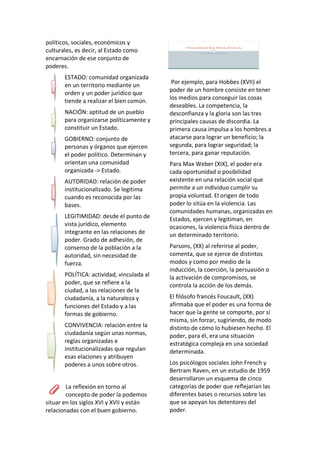 políticos, sociales, económicos y
culturales, es decir, al Estado como
encarnación de ese conjunto de
poderes.
ESTADO: comunidad organizada
en un territorio mediante un
orden y un poder jurídico que
tiende a realizar el bien común.
NACIÓN: aptitud de un pueblo
para organizarse políticamente y
constituir un Estado.
GOBIERNO: conjunto de
personas y órganos que ejercen
el poder político. Determinan y
orientan una comunidad
organizada -> Estado.
AUTORIDAD: relación de poder
institucionalizado. Se legitima
cuando es reconocida por las
bases.
LEGITIMIDAD: desde el punto de
vista jurídico, elemento
integrante en las relaciones de
poder. Grado de adhesión, de
consenso de la población a la
autoridad, sin necesidad de
fuerza.
POLÍTICA: actividad, vinculada al
poder, que se refiere a la
ciudad, a las relaciones de la
ciudadanía, a la naturaleza y
funciones del Estado y a las
formas de gobierno.
CONVIVENCIA: relación entre la
ciudadanía según unas normas,
reglas organizadas e
institucionalizadas que regulan
esas elaciones y atribuyen
poderes a unos sobre otros.
La reflexión en torno al
concepto de poder la podemos
situar en los siglos XVI y XVII y están
relacionadas con el buen gobierno.
Por ejemplo, para Hobbes (XVII) el
poder de un hombre consiste en tener
los medios para conseguir las cosas
deseables. La competencia, la
desconfianza y la gloria son las tres
principales causas de discordia. La
primera causa impulsa a los hombres a
atacarse para lograr un beneficio; la
segunda, para lograr seguridad; la
tercera, para ganar reputación.
Para Max Weber (XIX), el poder era
cada oportunidad o posibilidad
existente en una relación social que
permite a un individuo cumplir su
propia voluntad. El origen de todo
poder lo sitúa en la violencia. Las
comunidades humanas, organizadas en
Estados, ejercen y legitiman, en
ocasiones, la violencia física dentro de
un determinado territorio.
Parsons, (XX) al referirse al poder,
comenta, que se ejerce de distintos
modos y como por medio de la
inducción, la coerción, la persuasión o
la activación de compromisos, se
controla la acción de los demás.
El filósofo francés Foucault, (XX)
afirmaba que el poder es una forma de
hacer que la gente se comporte, por sí
misma, sin forzar, sugiriendo, de modo
distinto de cómo lo hubiesen hecho. El
poder, para él, era una situación
estratégica compleja en una sociedad
determinada.
Los psicólogos sociales John French y
Bertram Raven, en un estudio de 1959
desarrollaron un esquema de cinco
categorías de poder que reflejarían las
diferentes bases o recursos sobre las
que se apoyan los detentores del
poder.
 