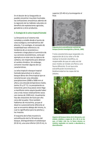 En el dossier de La Vanguardia se
pueden encontrar muy bien ilustradas
las civilizaciones amazónicas además de
la regresión de los hábitats naturales en
beneficio de explotaciones agrícolas,
ganaderas y otros productos.
3. Ecología de la selva tropical húmeda
La Amazonía es el sistema más
complejo y estable desde el punto de
vista ecológico y termodinámico del
planeta. Y en ecología, el concepto de
estabilidad hace referencia a la
tendencia de un ecosistema a
mantener a largo plazo el suministro de
sus servicios ecosistémicos, como por
ejemplo es en este caso la captura de
carbono, tan importante para detener
el cambio climático. Sin embargo,
conviene recordar algunas de sus
características.
La selva tropical o bosque tropical
húmedo (pluvisilva) es la selva o
bosque denso de clima tropical que se
caracteriza por unas elevadas
precipitaciones (2000 a 5000 mm al
año) y una elevada temperatura media.
(entre 25 y 27 °C). La precipitación es
estacional, pero muy pocas veces llega
a manifieste como sequía (puede haber
uno o más meses relativamente secos
con menos de 1500 mm). Usualmente
hay dos estaciones de lluvia por año
cerca del ecuador. Pero también
hablamos de microclima, ya que el
dosel es sustancialmente diferente al
que se encuentra debajo del mismo, lo
cual es significativo para las plantas y
los insectos.
El esquema de la foto muestra la
estratificación de 0 a 50 metros del
bosque, distinguiéndose el sotobosque
(0-10 m), una zona inferior (10-25 m), la
superior (25-40 m) y la emergente al
final.
Esquema de la estratificación vertical del
bosque (revista Investigación y Ciencia, 1985)
Y esta característica que responde a la
exposición de la luz solar a fin de
realizar la función clorofílica, es
responsable de que en cada uno de
esos niveles se instale una flora y una
fauna diferente. Es así que esta
estratificación incrementa la
biodiversidad en las copas de los
árboles.
Aspecto del bosque denso de la Amazonía, con
árboles esbeltos y copas de 10 a 20 m en las
que, al haber más luz, la fauna alcanza su
máximo esplendor en cuanto a abundancia y
diversificación
 