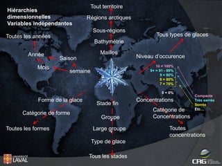 Hiérarchies
dimensionnelles
Variables indépendantes

Tout territoire
Régions arctiques
Sous-régions

Toutes les années

Tous types de glaces

Bathymétrie
Année
Mois

Mailles
Saison

Catégorie de forme
Toutes les formes

10 = 100%
9+ = 91 - 99%
9 = 90%
8 = 80%
7 = 70%
…1…
0 = 0%

semaine

Forme de la glace

Niveau d’occurence

Stade fin
Groupe
Large groupe
Type de glace
Tous les stades

Concentrations
Catégorie de
Concentrations

Compacte
Très serrée
Serrée
Etc…

Toutes
concentrations

 