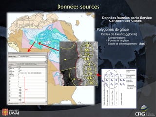 Données sources
Données fournies par le Service
Canadien des Glaces

Polygones de glace
Codes de l’œuf (EggCode)
- Concentrations
- Forme de la glace
- Stade de développement (âge)

 